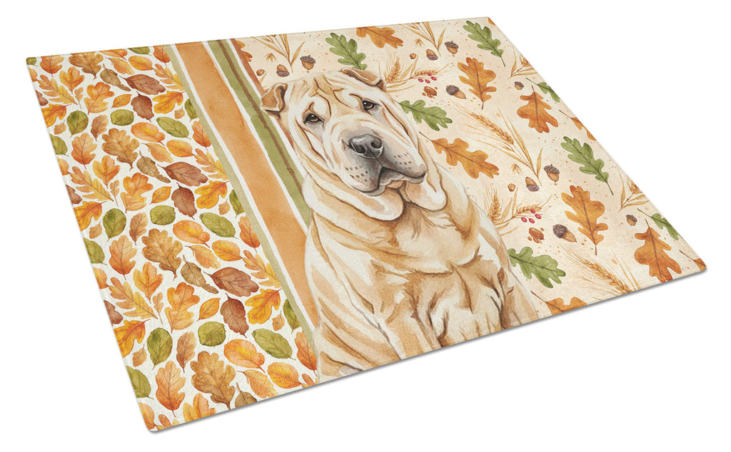 Red Shar Pei Heirloom Fall Cutting Board Tempered Glass Kitchen Cutting Surface, Heat Resistant Chopping, Non-Slip Feet, Food Prep & Serving