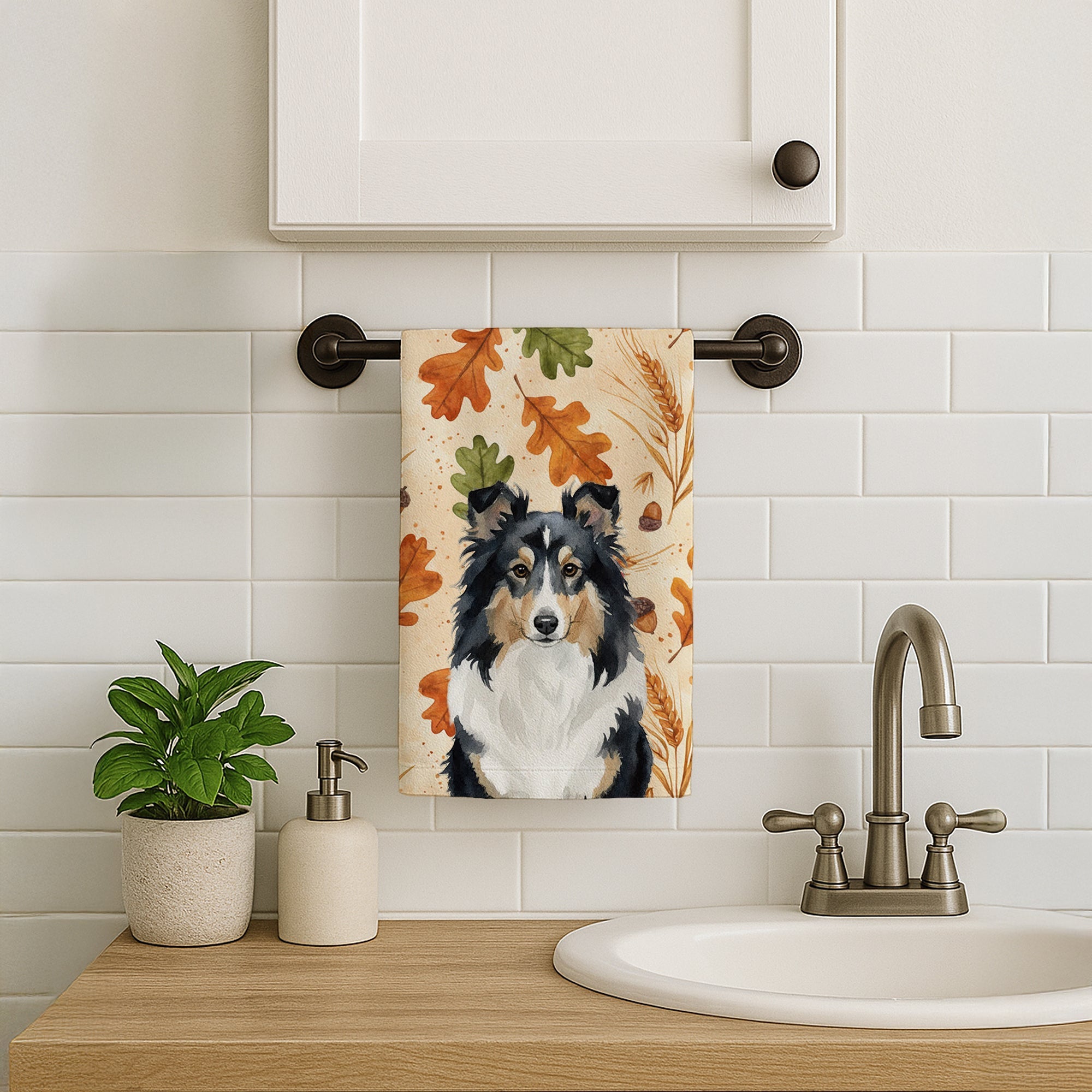 Tricolor Sheltie Heirloom Fall Kitchen Towel Velour Plush Front and Cotton Loop Back Machine Washable