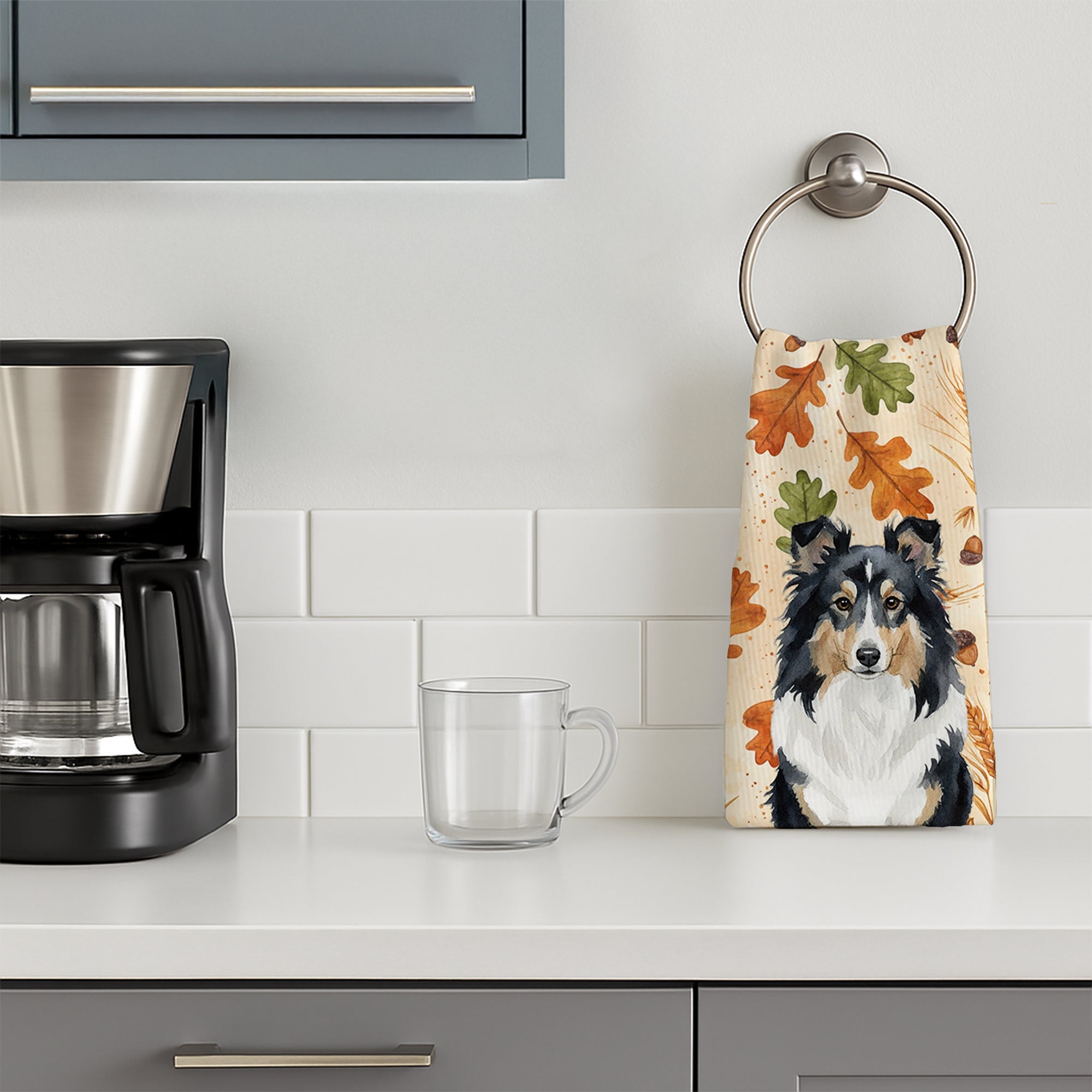 Tricolor Sheltie Heirloom Fall Kitchen Towel Velour Plush Front and Cotton Loop Back Machine Washable