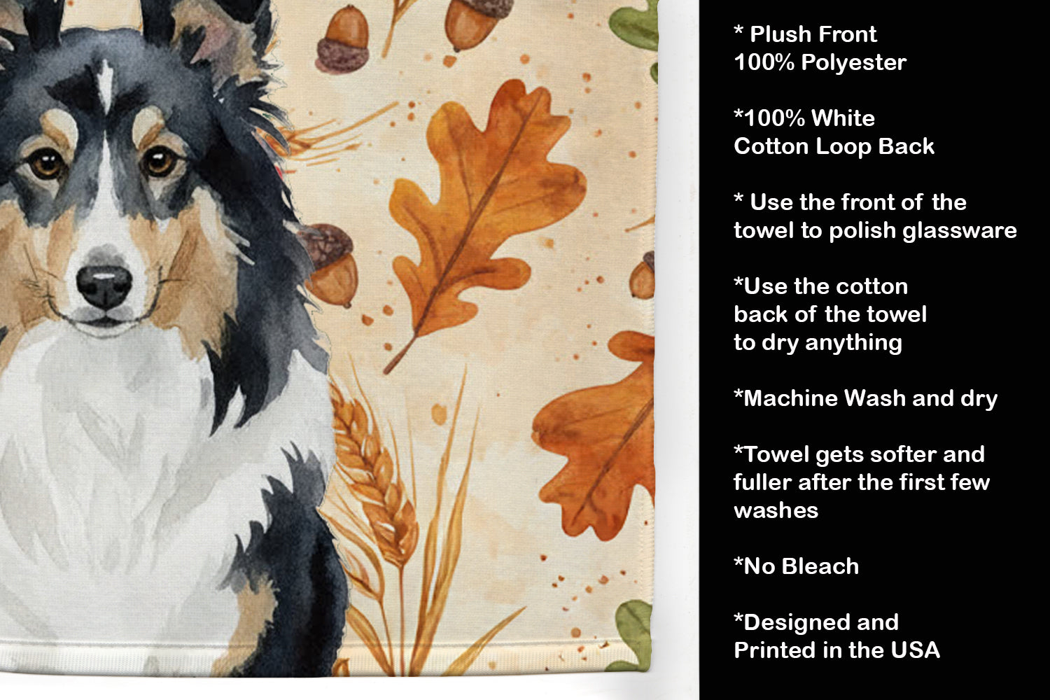 Tricolor Sheltie Heirloom Fall Kitchen Towel Velour Plush Front and Cotton Loop Back Machine Washable
