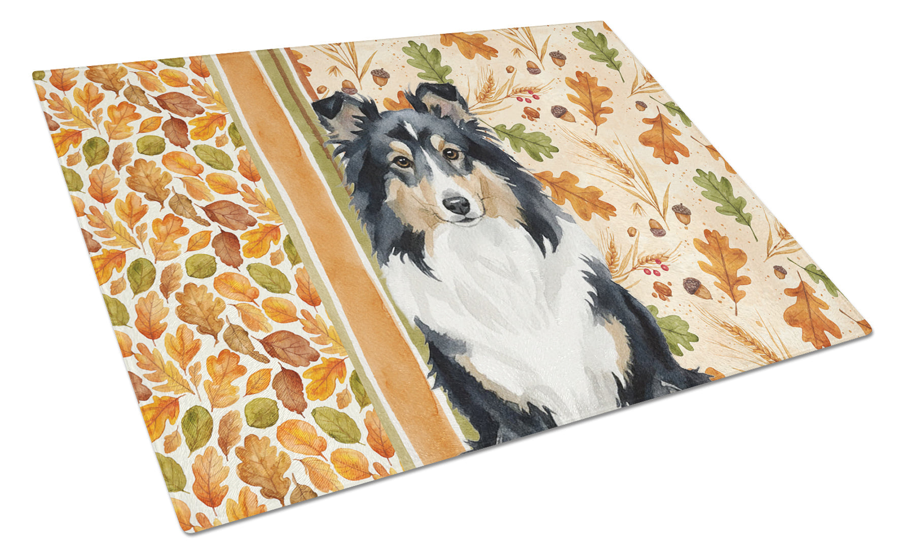 Tricolor Sheltie Heirloom Fall Cutting Board Tempered Glass Kitchen Cutting Surface, Heat Resistant Chopping, Non-Slip Feet, Food Prep & Serving