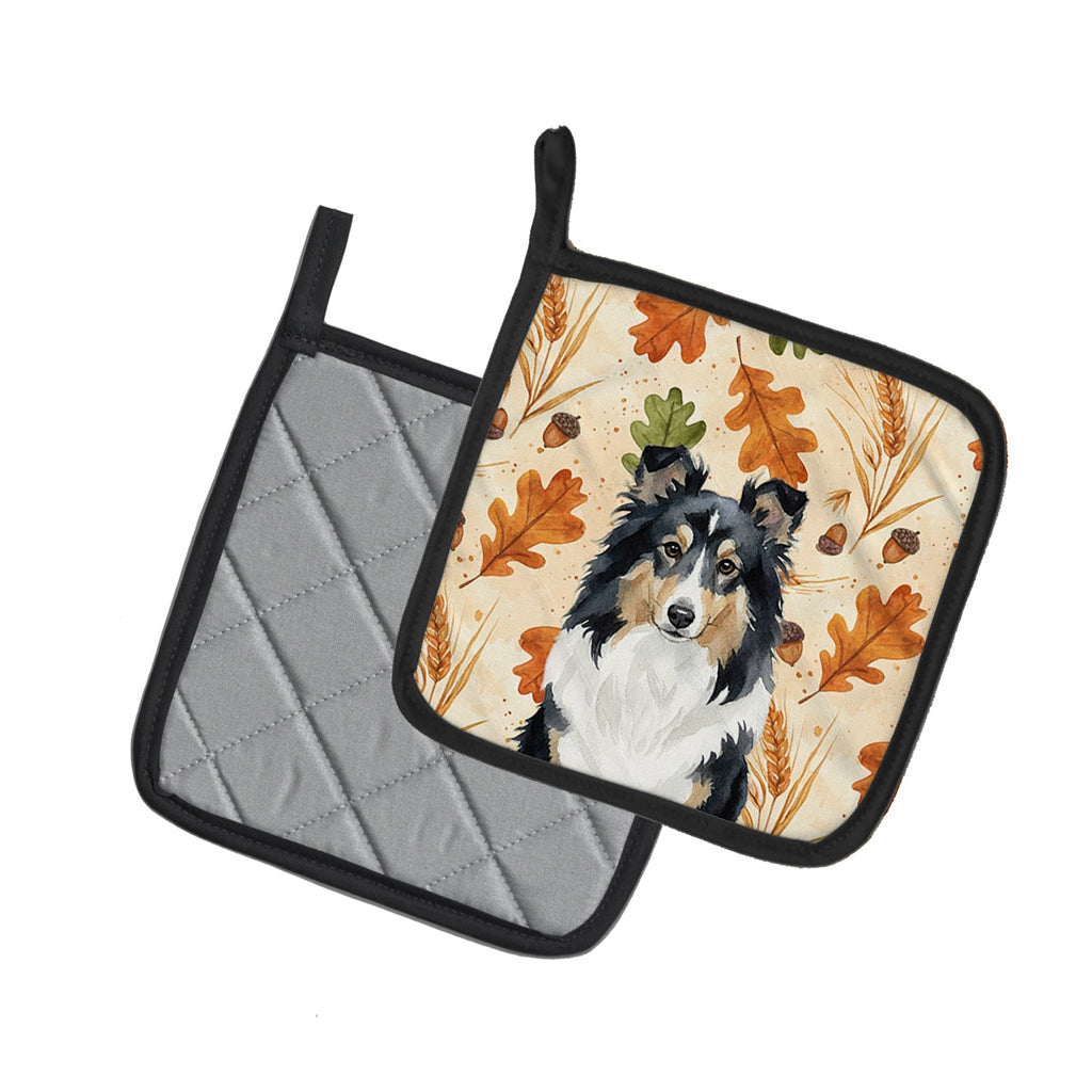 Tricolor Sheltie Heirloom Fall Pot Holder Set of 2 Heat Resistant Quilted Hot Pads 7.5 x 7.5 Inch, Insulated Kitchen Trivets for Cooking & Baking