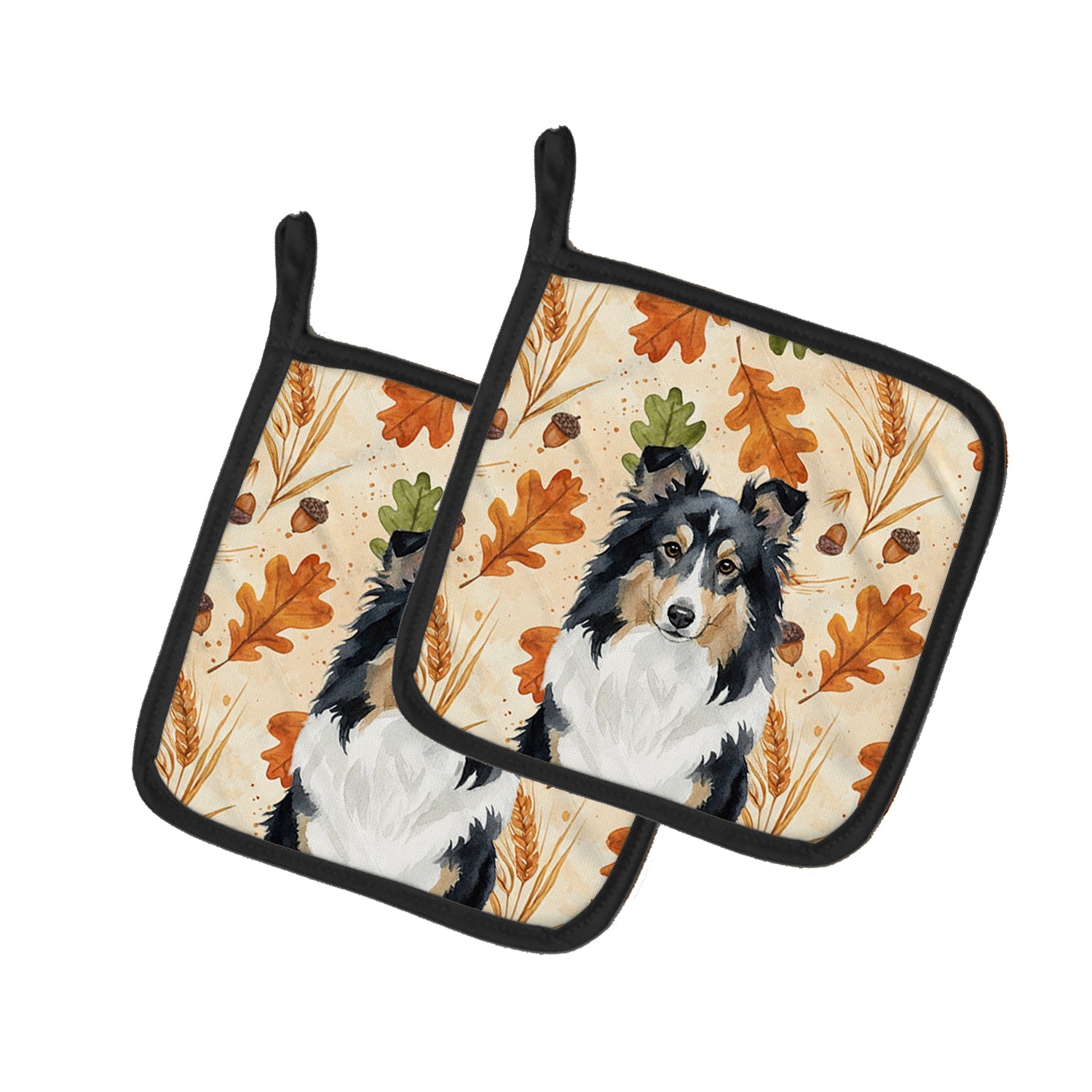 Tricolor Sheltie Heirloom Fall Pot Holder Set of 2 Heat Resistant Quilted Hot Pads 7.5 x 7.5 Inch, Insulated Kitchen Trivets for Cooking & Baking