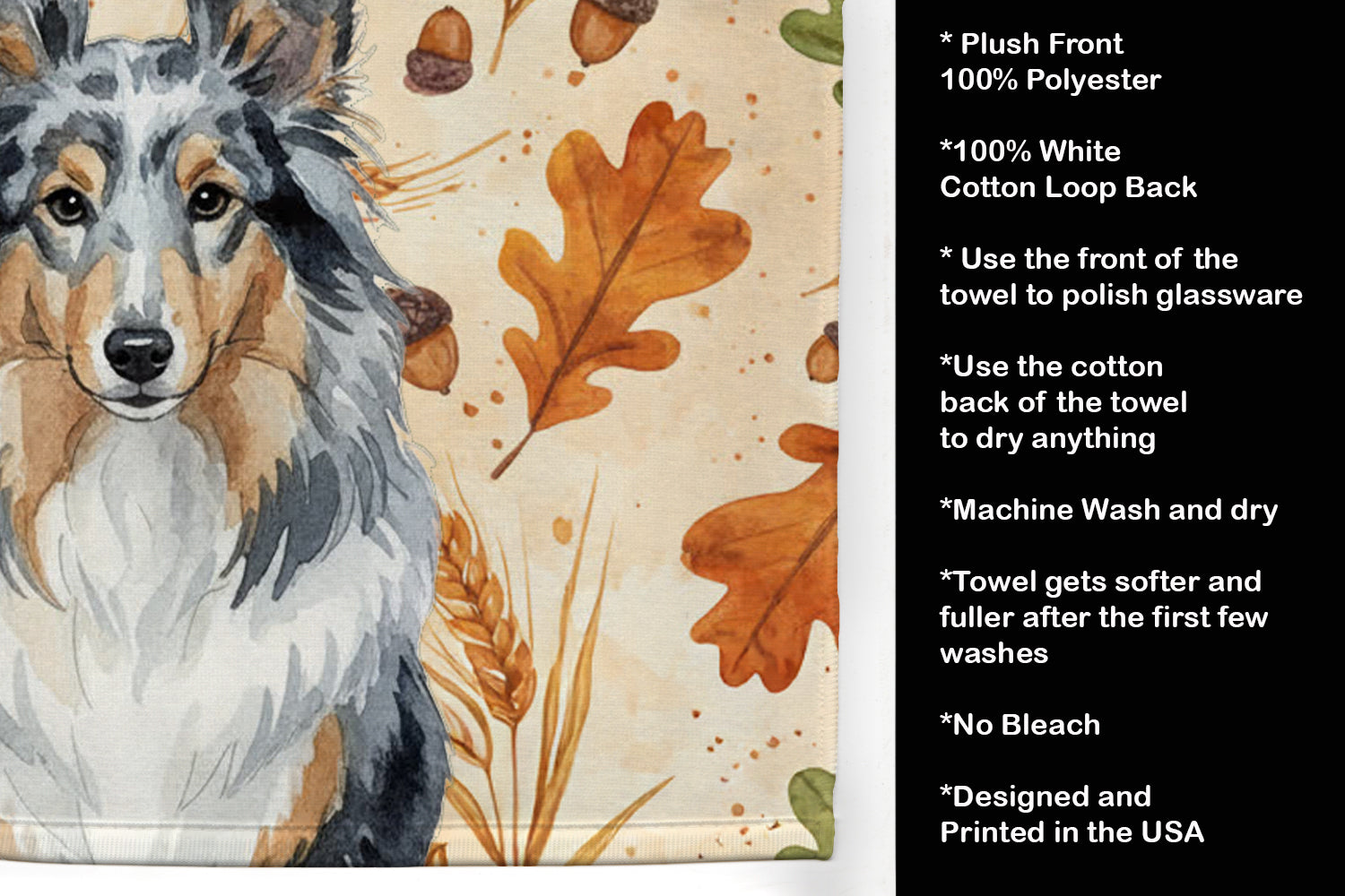 Blue Merle Sheltie Heirloom Fall Kitchen Towel Velour Plush Front and Cotton Loop Back Machine Washable