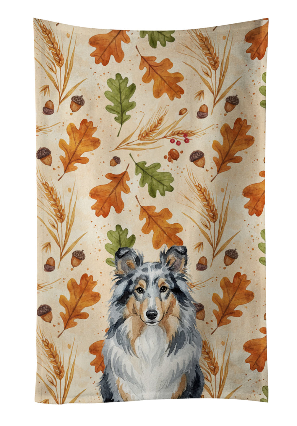 Blue Merle Sheltie Heirloom Fall Kitchen Towel Velour Plush Front and Cotton Loop Back Machine Washable