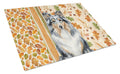 Blue Merle Sheltie Heirloom Fall Cutting Board Tempered Glass Kitchen Cutting Surface, Heat Resistant Chopping, Non-Slip Feet, Food Prep & Serving