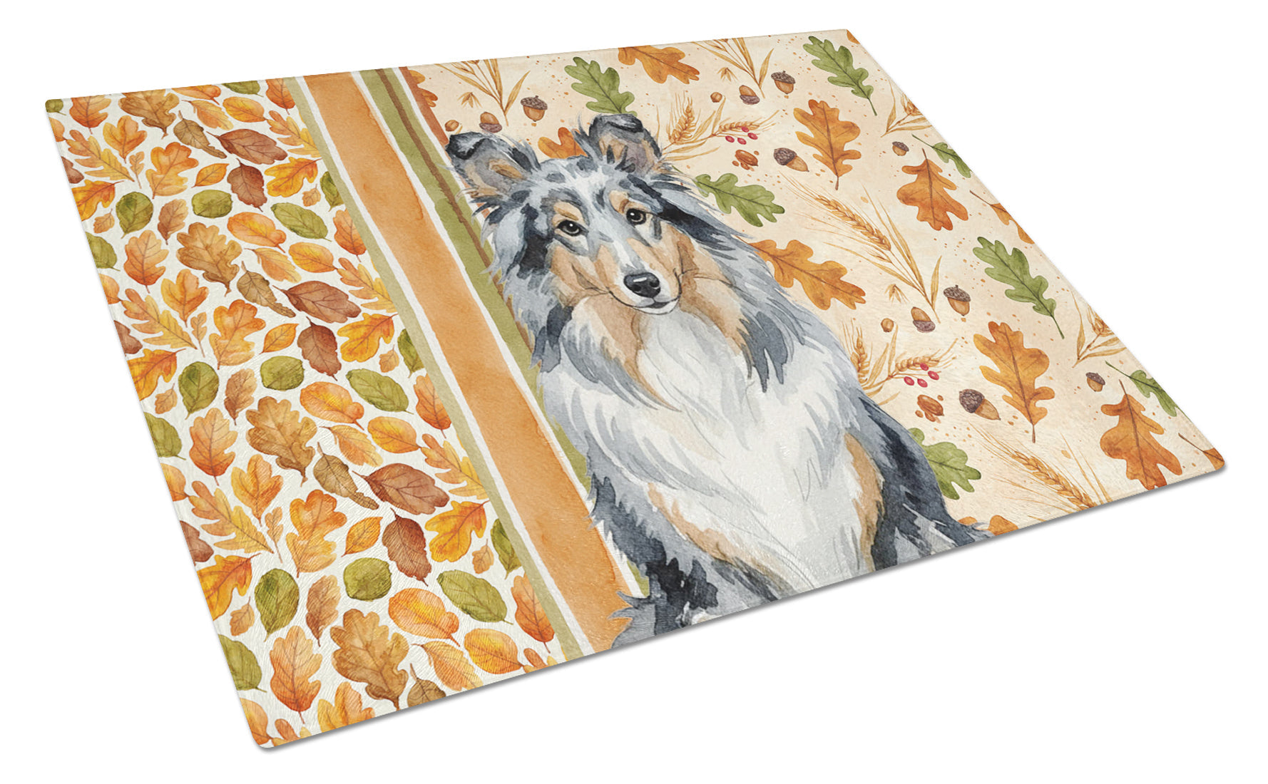Blue Merle Sheltie Heirloom Fall Cutting Board Tempered Glass Kitchen Cutting Surface, Heat Resistant Chopping, Non-Slip Feet, Food Prep & Serving