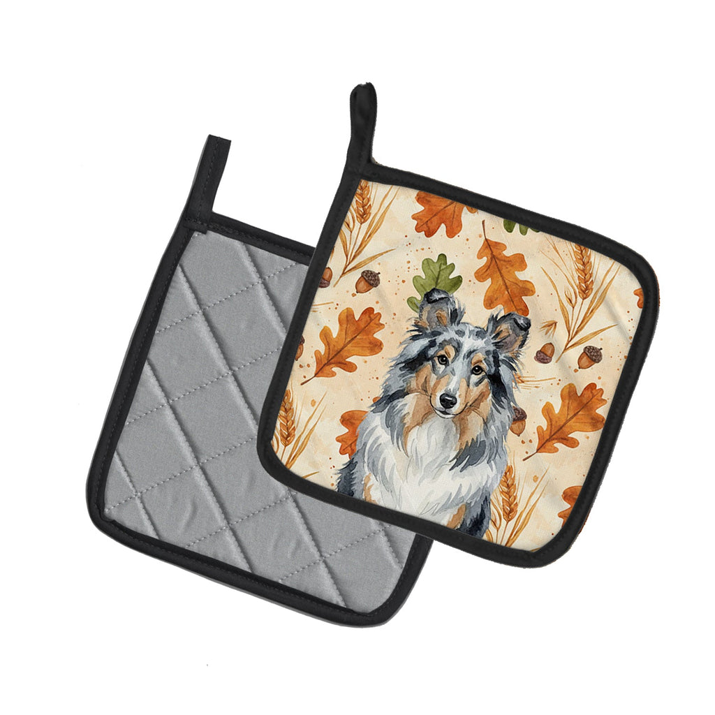Blue Merle Sheltie Heirloom Fall Pot Holder Set of 2 Heat Resistant Quilted Hot Pads 7.5 x 7.5 Inch, Insulated Kitchen Trivets for Cooking & Baking