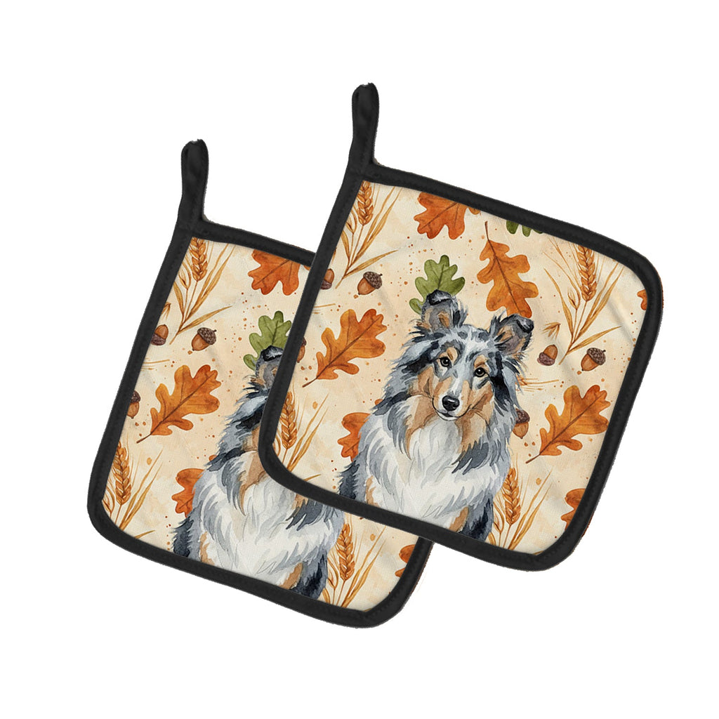 Blue Merle Sheltie Heirloom Fall Pot Holder Set of 2 Heat Resistant Quilted Hot Pads 7.5 x 7.5 Inch, Insulated Kitchen Trivets for Cooking & Baking