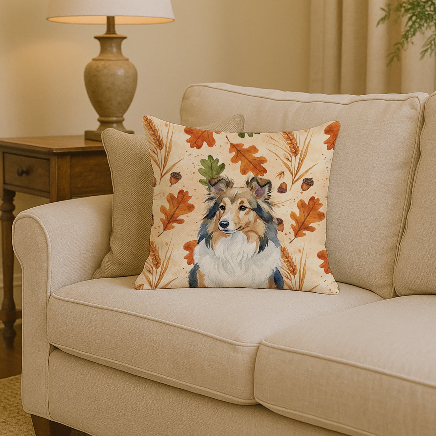 Sable Sheltie Heirloom Fall Decorative Throw Pillow 14x14 Indoor Outdoor Accent Cushion, Fabric Cover with Insert for Sofa, Bed, Porch & Living Room