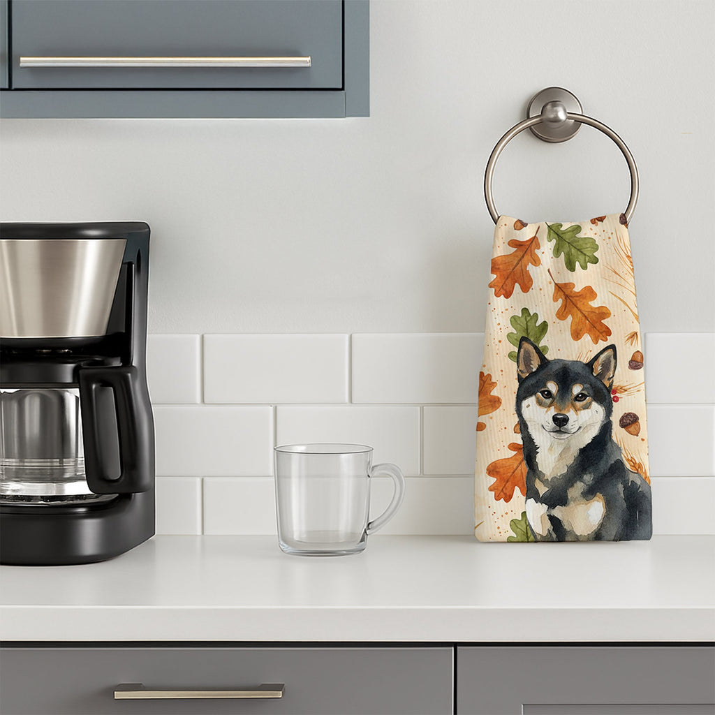 Black and Tan Shiba Inu Heirloom Fall Kitchen Towel Velour Plush Front and Cotton Loop Back Machine Washable