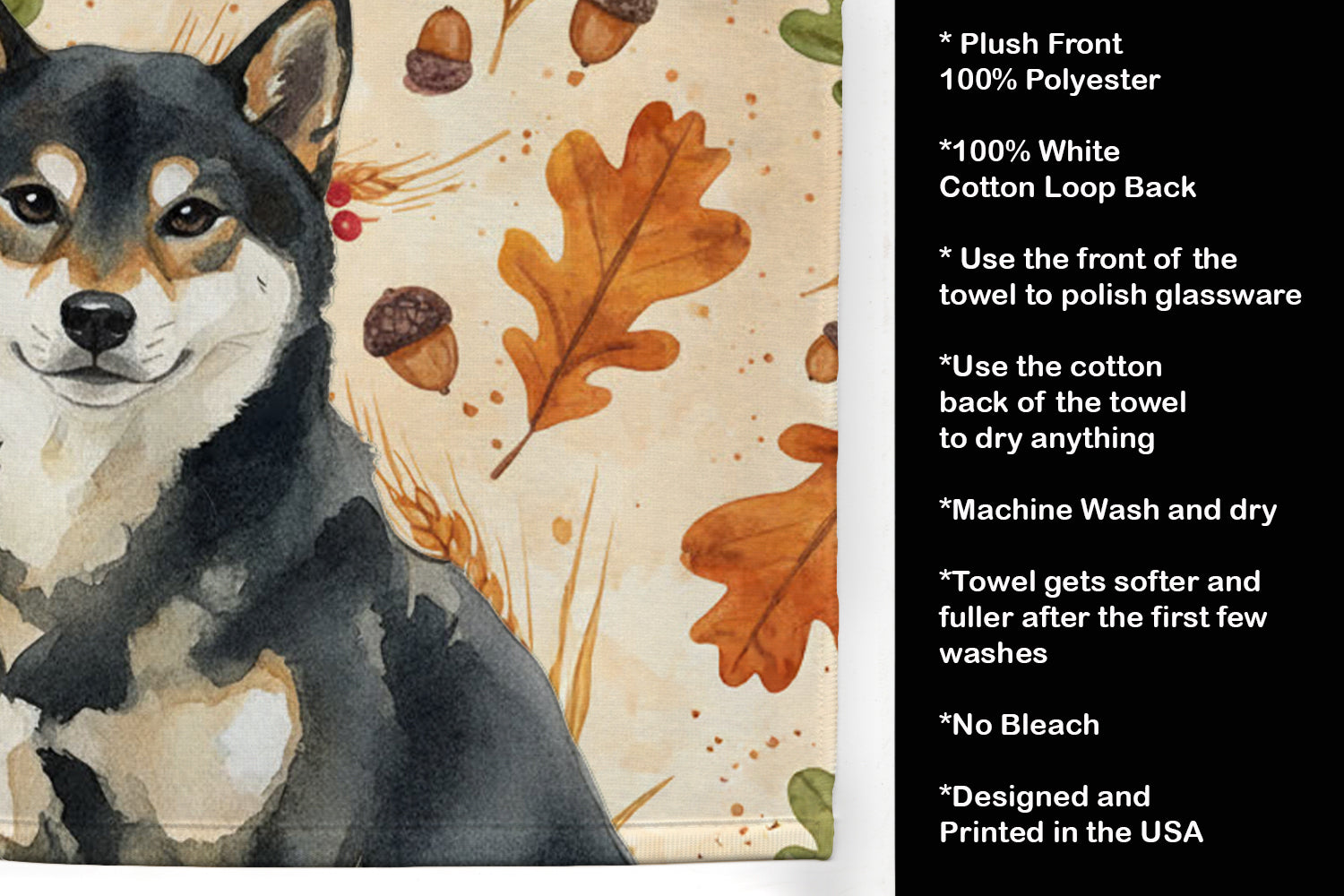 Black and Tan Shiba Inu Heirloom Fall Kitchen Towel Velour Plush Front and Cotton Loop Back Machine Washable