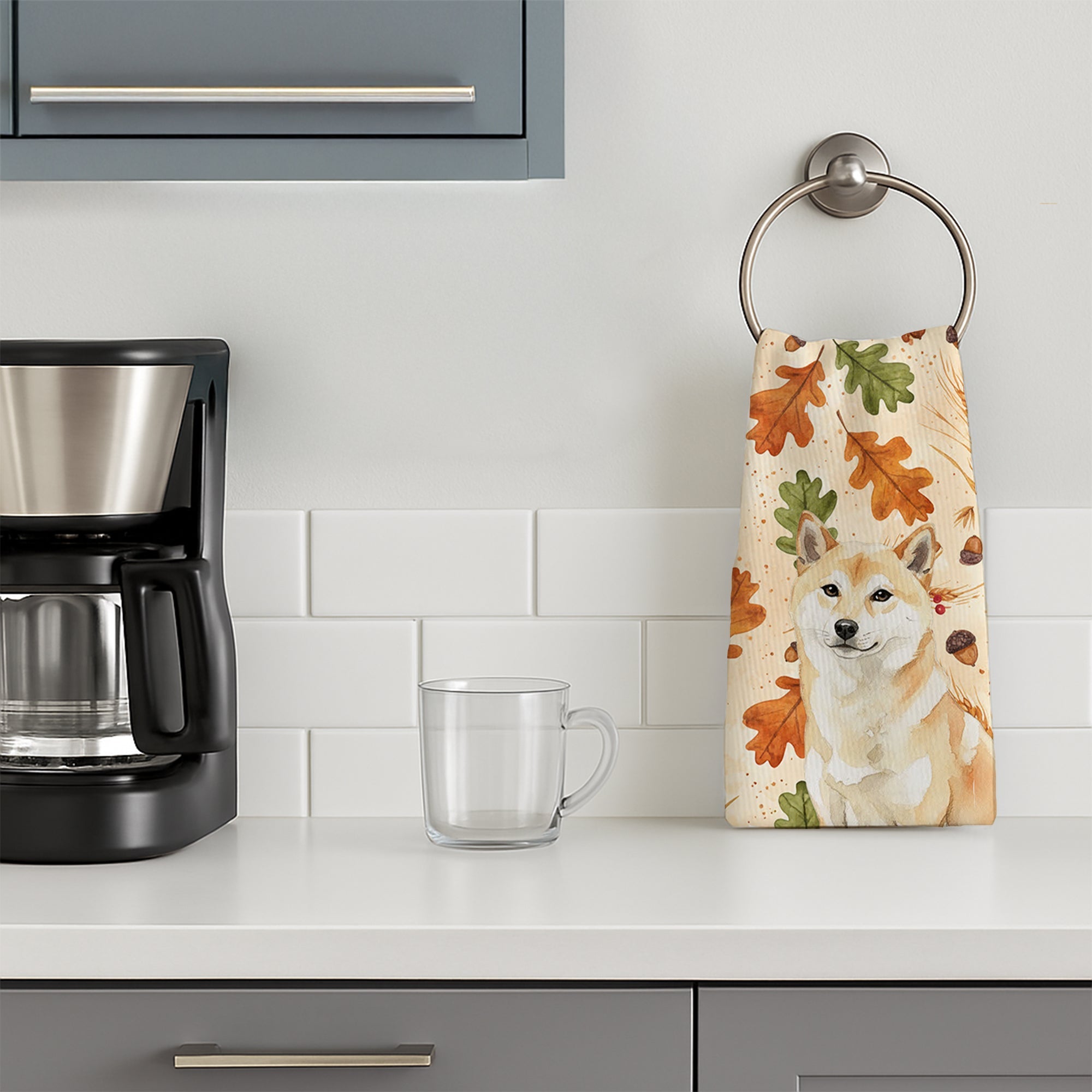 Cream Shiba Inu Heirloom Fall Kitchen Towel Velour Plush Front and Cotton Loop Back Machine Washable
