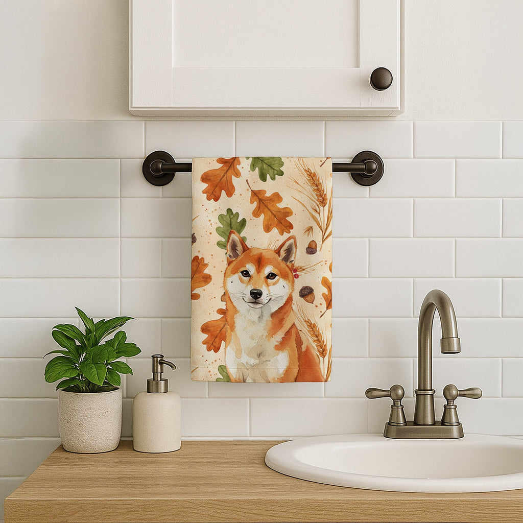 Red Shiba Inu Heirloom Fall Kitchen Towel Velour Plush Front and Cotton Loop Back Machine Washable