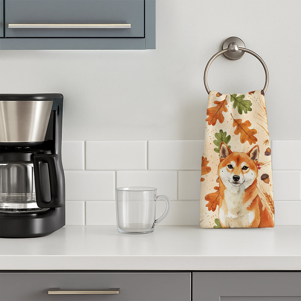Red Shiba Inu Heirloom Fall Kitchen Towel Velour Plush Front and Cotton Loop Back Machine Washable