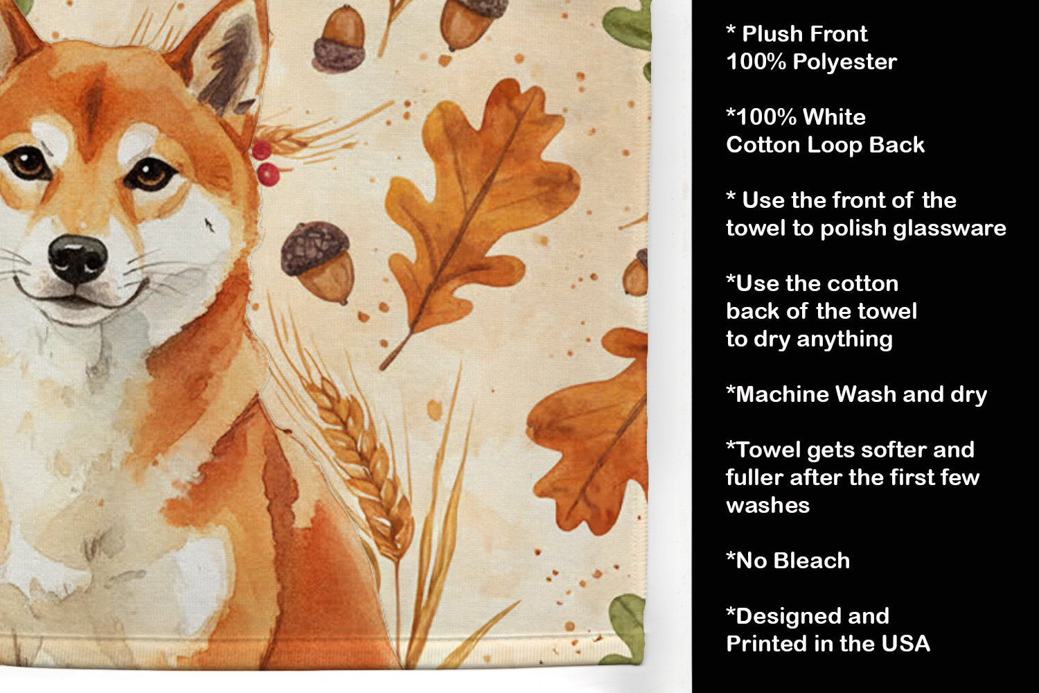 Red Shiba Inu Heirloom Fall Kitchen Towel Velour Plush Front and Cotton Loop Back Machine Washable