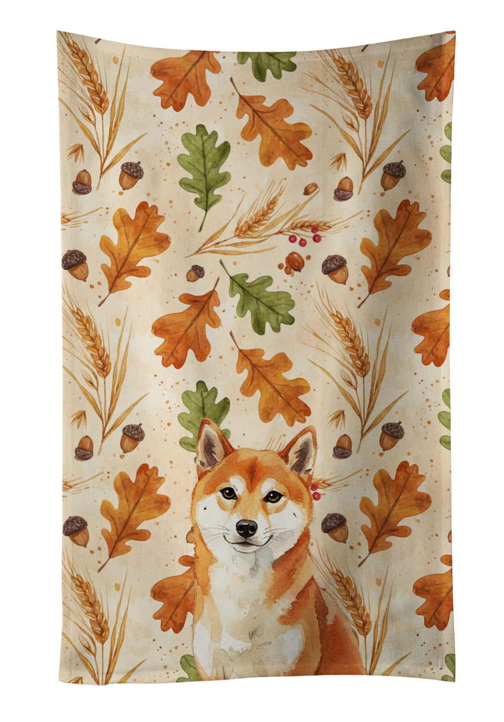 Red Shiba Inu Heirloom Fall Kitchen Towel Velour Plush Front and Cotton Loop Back Machine Washable