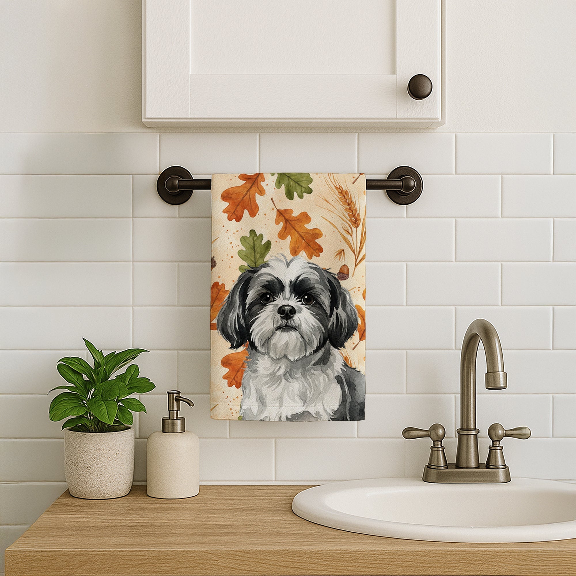 Black and White Shih Tzu Heirloom Fall Kitchen Towel Velour Plush Front and Cotton Loop Back Machine Washable