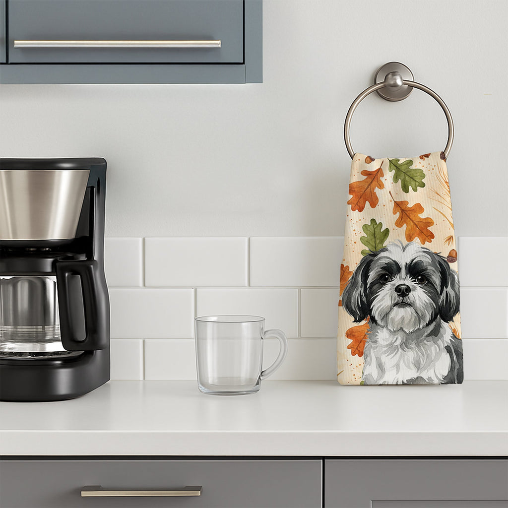 Black and White Shih Tzu Heirloom Fall Kitchen Towel Velour Plush Front and Cotton Loop Back Machine Washable