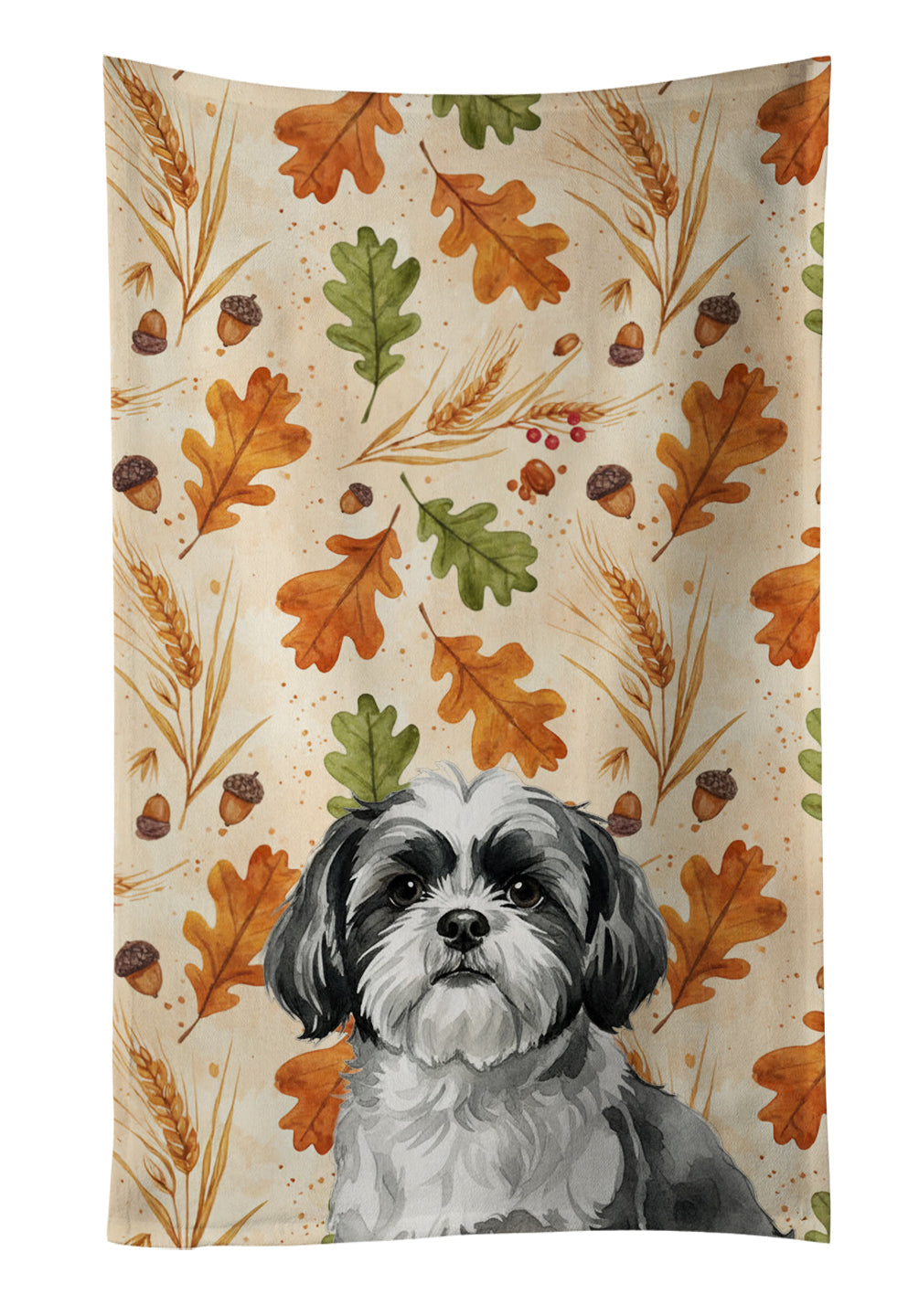 Black and White Shih Tzu Heirloom Fall Kitchen Towel Velour Plush Front and Cotton Loop Back Machine Washable