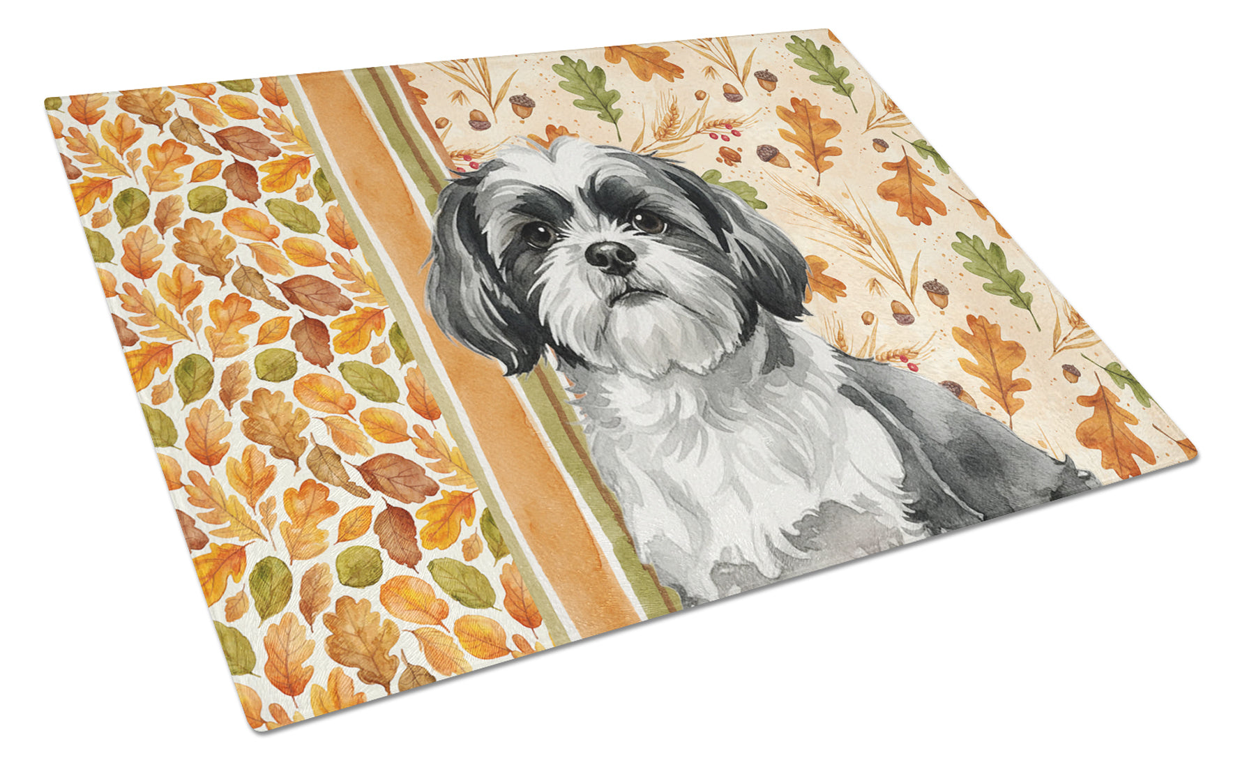 Black and White Shih Tzu Heirloom Fall Cutting Board Tempered Glass Kitchen Cutting Surface, Heat Resistant Chopping, Non-Slip Feet, Food Prep & Serving