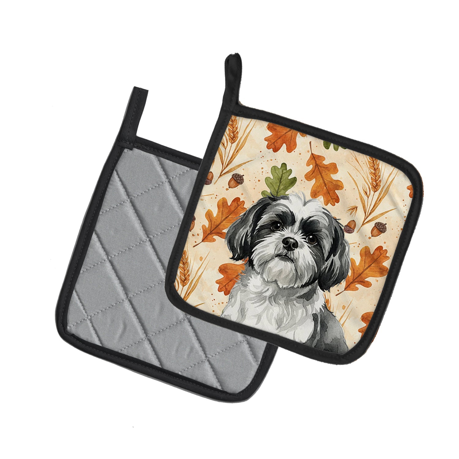 Black and White Shih Tzu Heirloom Fall Pot Holder Set of 2 Heat Resistant Quilted Hot Pads 7.5 x 7.5 Inch, Insulated Kitchen Trivets for Cooking & Baking