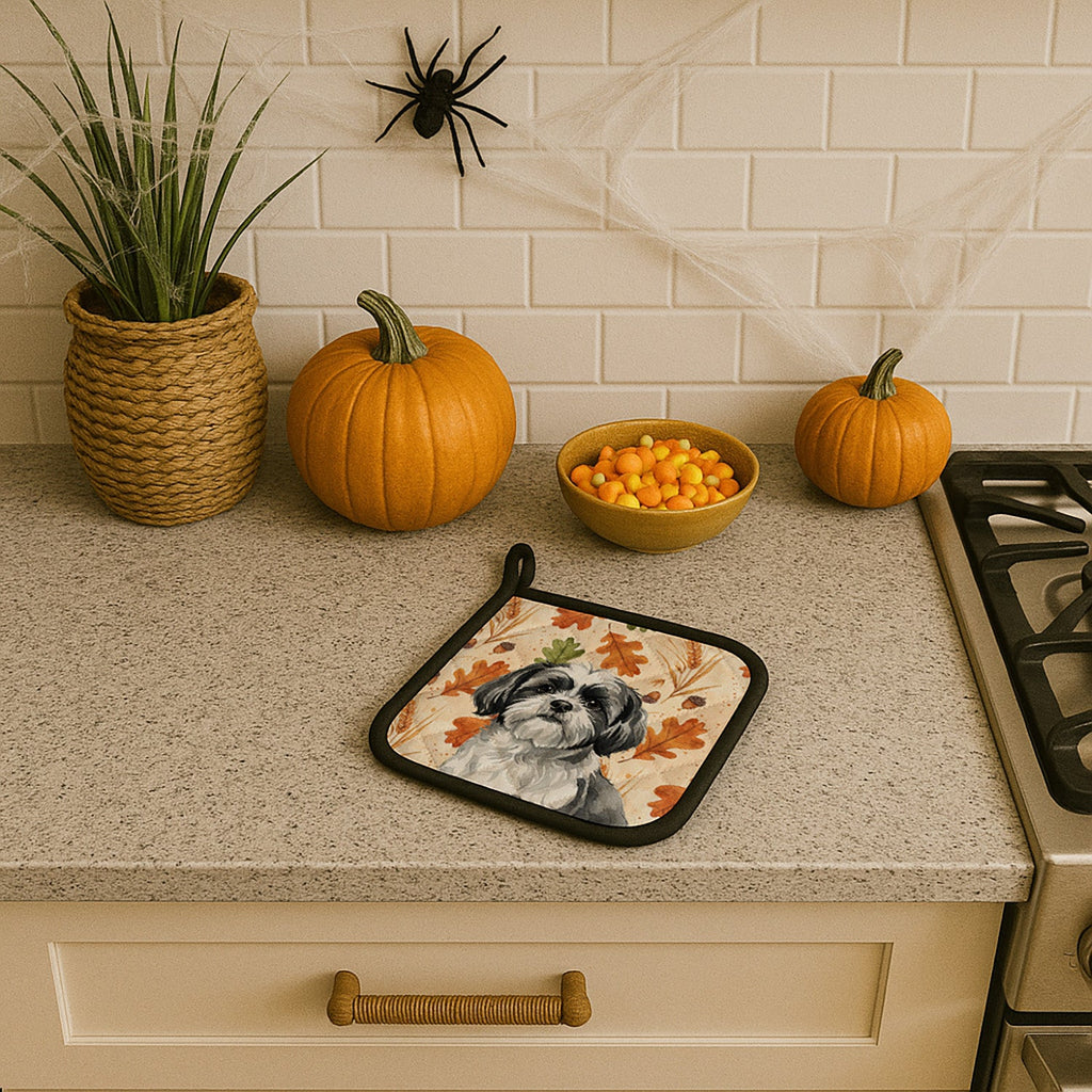 Black and White Shih Tzu Heirloom Fall Pot Holder Set of 2 Heat Resistant Quilted Hot Pads 7.5 x 7.5 Inch, Insulated Kitchen Trivets for Cooking & Baking