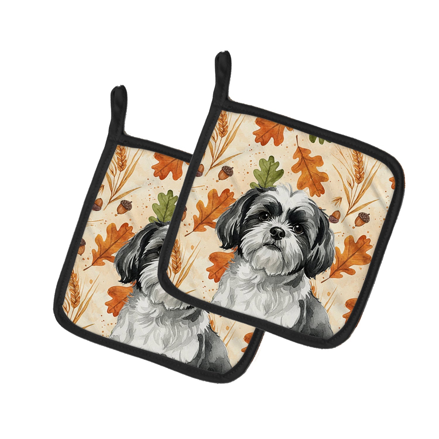 Black and White Shih Tzu Heirloom Fall Pot Holder Set of 2 Heat Resistant Quilted Hot Pads 7.5 x 7.5 Inch, Insulated Kitchen Trivets for Cooking & Baking