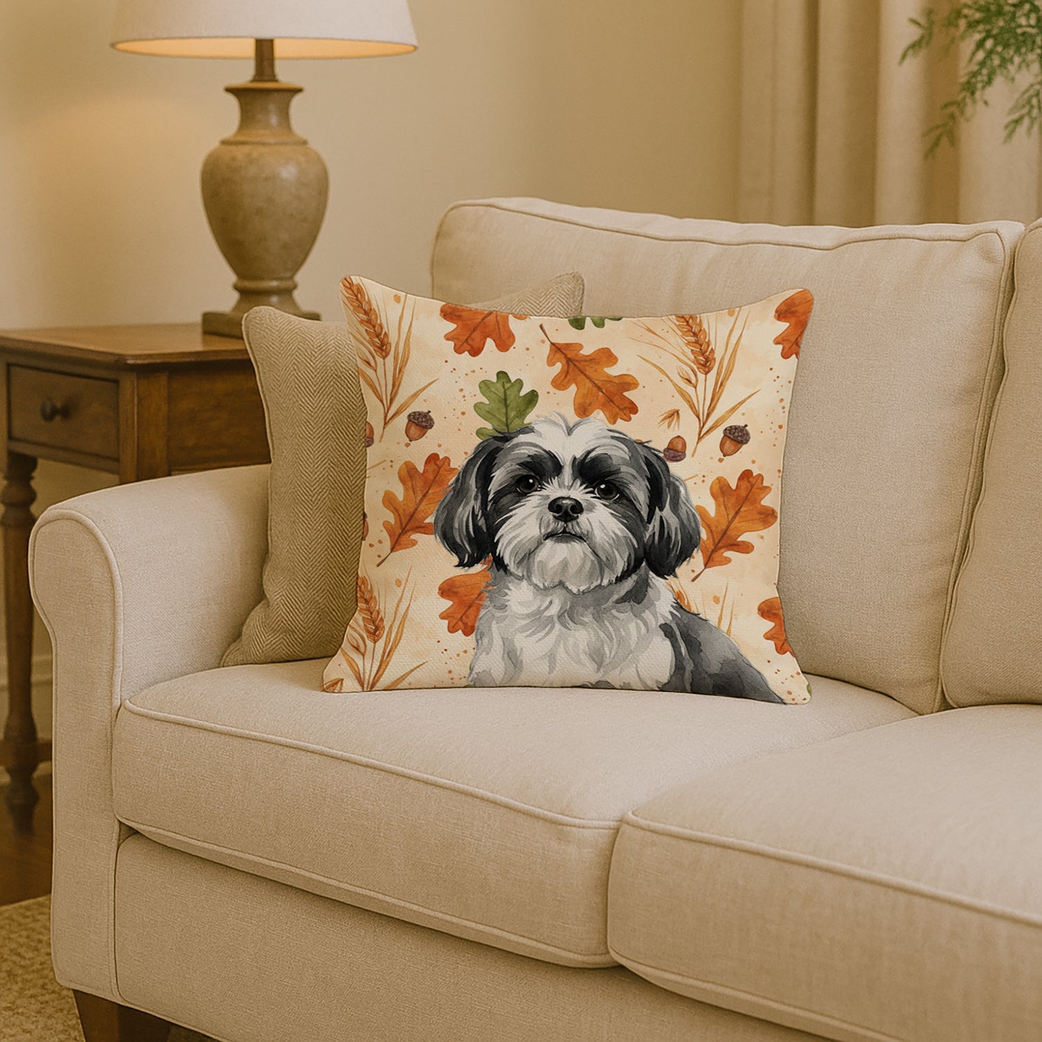 Black and White Shih Tzu Heirloom Fall Decorative Throw Pillow 14x14 Indoor Outdoor Accent Cushion, Fabric Cover with Insert for Sofa, Bed, Porch & Living Room