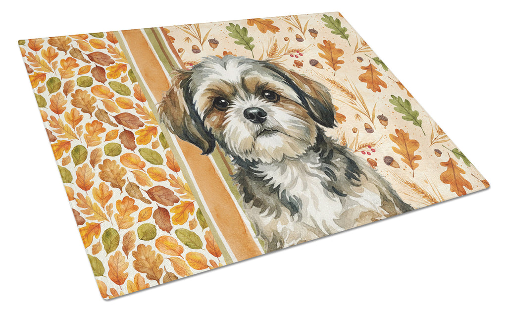Brindle Shih Tzu Heirloom Fall Cutting Board Tempered Glass Kitchen Cutting Surface, Heat Resistant Chopping, Non-Slip Feet, Food Prep & Serving