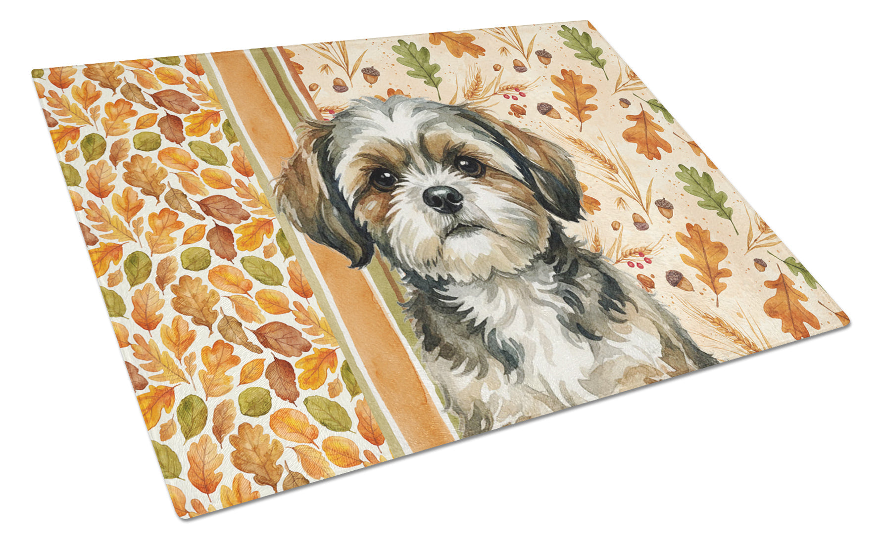 Brindle Shih Tzu Heirloom Fall Cutting Board Tempered Glass Kitchen Cutting Surface, Heat Resistant Chopping, Non-Slip Feet, Food Prep & Serving