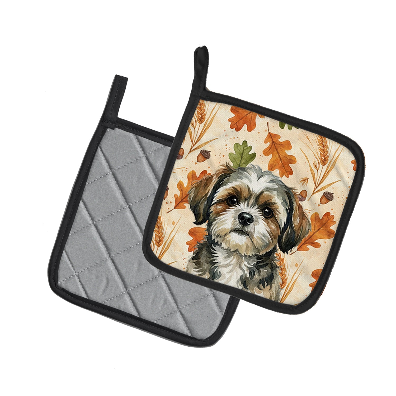 Brindle Shih Tzu Heirloom Fall Pot Holder Set of 2 Heat Resistant Quilted Hot Pads 7.5 x 7.5 Inch, Insulated Kitchen Trivets for Cooking & Baking