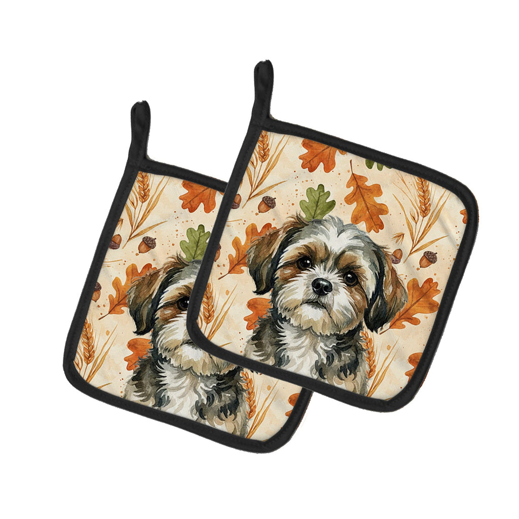 Brindle Shih Tzu Heirloom Fall Pot Holder Set of 2 Heat Resistant Quilted Hot Pads 7.5 x 7.5 Inch, Insulated Kitchen Trivets for Cooking & Baking