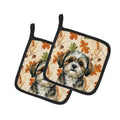 Brindle Shih Tzu Heirloom Fall Pot Holder Set of 2 Heat Resistant Quilted Hot Pads 7.5 x 7.5 Inch, Insulated Kitchen Trivets for Cooking & Baking