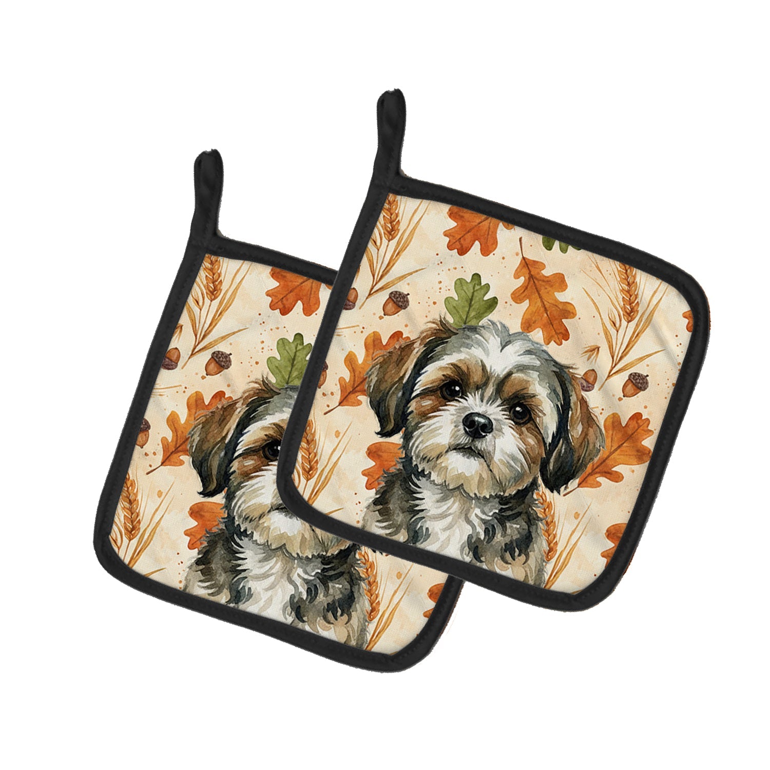 Brindle Shih Tzu Heirloom Fall Pot Holder Set of 2 Heat Resistant Quilted Hot Pads 7.5 x 7.5 Inch, Insulated Kitchen Trivets for Cooking & Baking