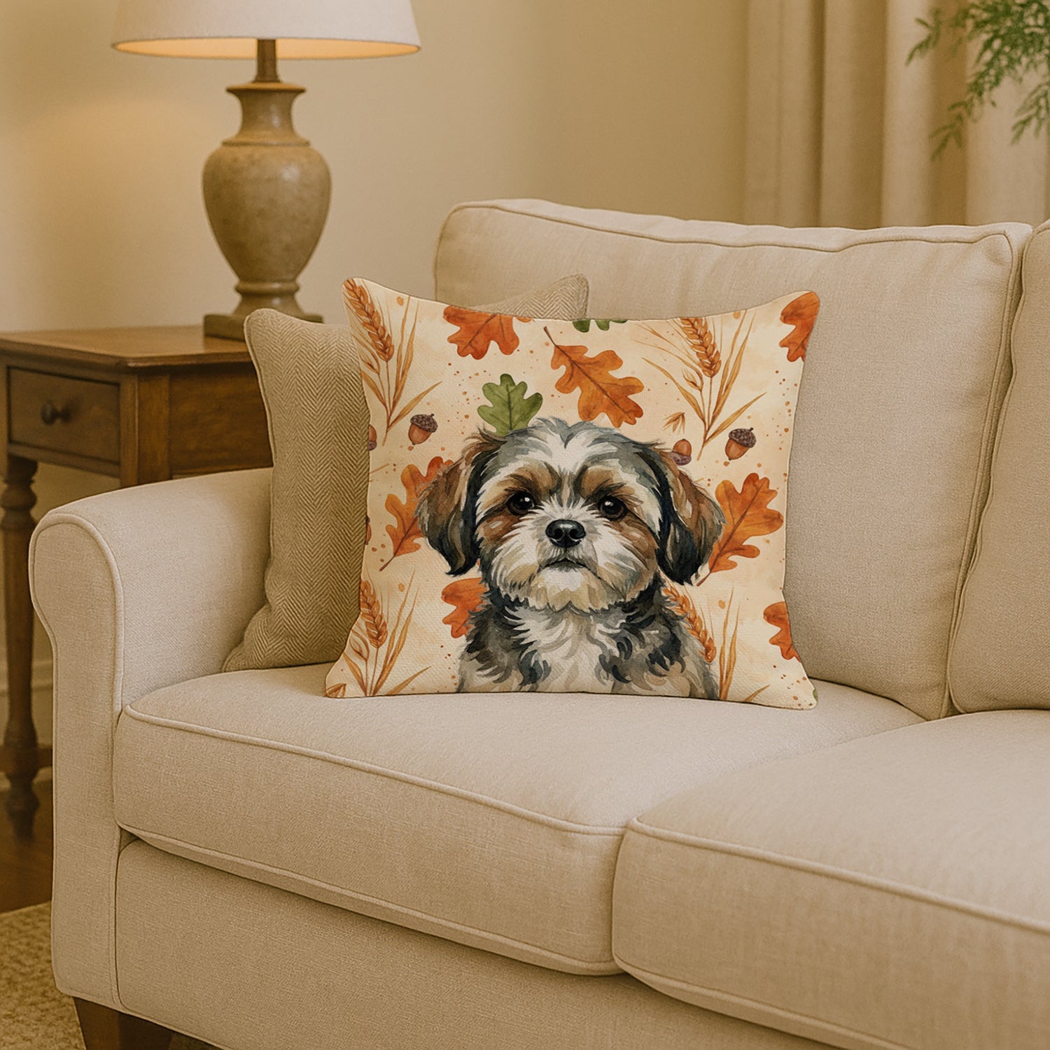 Brindle Shih Tzu Heirloom Fall Decorative Throw Pillow 14x14 Indoor Outdoor Accent Cushion, Fabric Cover with Insert for Sofa, Bed, Porch & Living Room