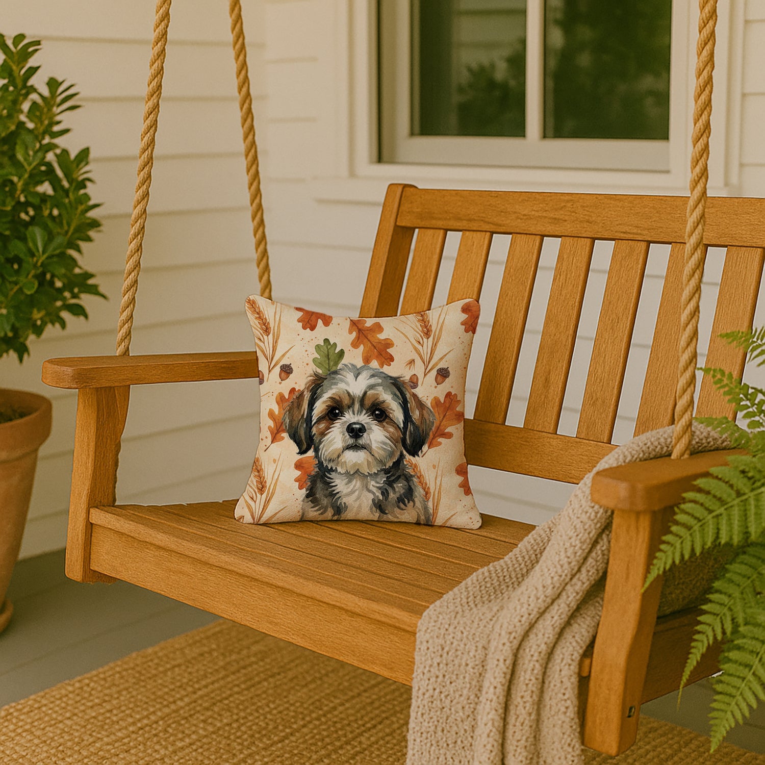 Brindle Shih Tzu Heirloom Fall Decorative Throw Pillow 14x14 Indoor Outdoor Accent Cushion, Fabric Cover with Insert for Sofa, Bed, Porch & Living Room