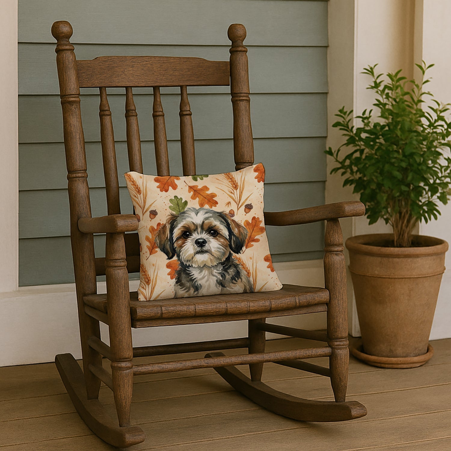 Brindle Shih Tzu Heirloom Fall Decorative Throw Pillow 14x14 Indoor Outdoor Accent Cushion, Fabric Cover with Insert for Sofa, Bed, Porch & Living Room