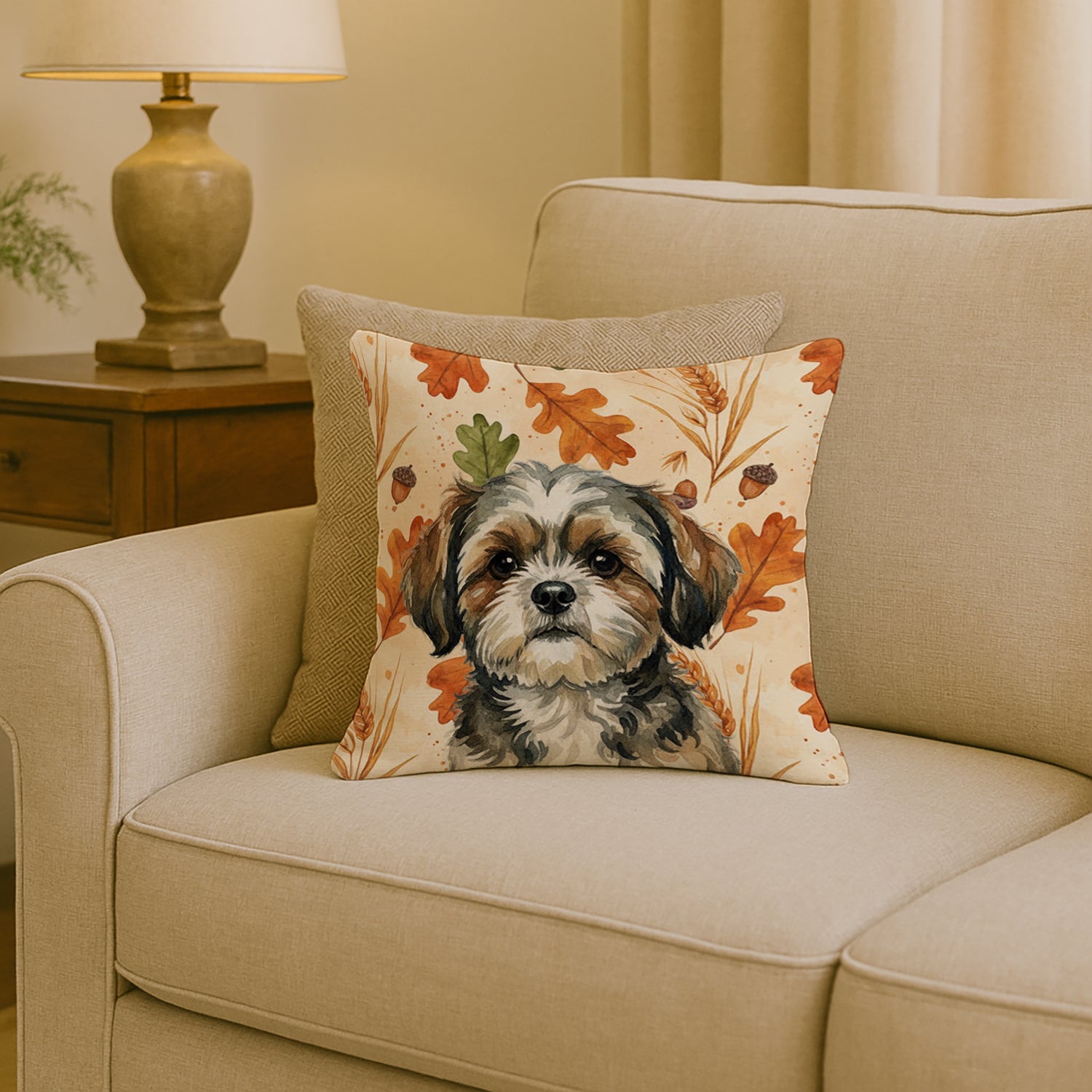 Brindle Shih Tzu Heirloom Fall Decorative Throw Pillow 18x18 Indoor Outdoor Accent Cushion, Fabric Cover with Insert for Sofa, Bed, Porch & Living Room