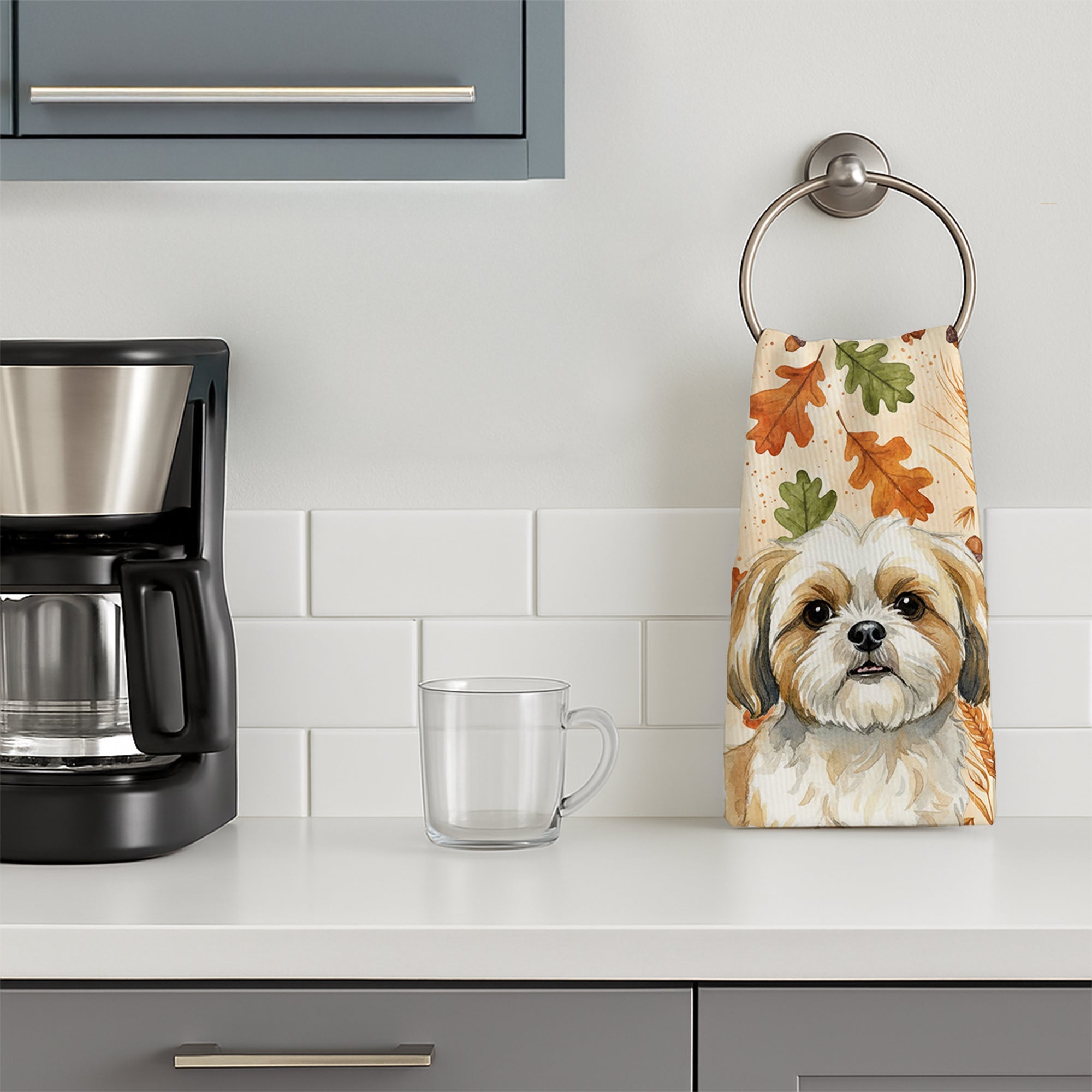 Gold and White Shih Tzu Heirloom Fall Kitchen Towel Velour Plush Front and Cotton Loop Back Machine Washable
