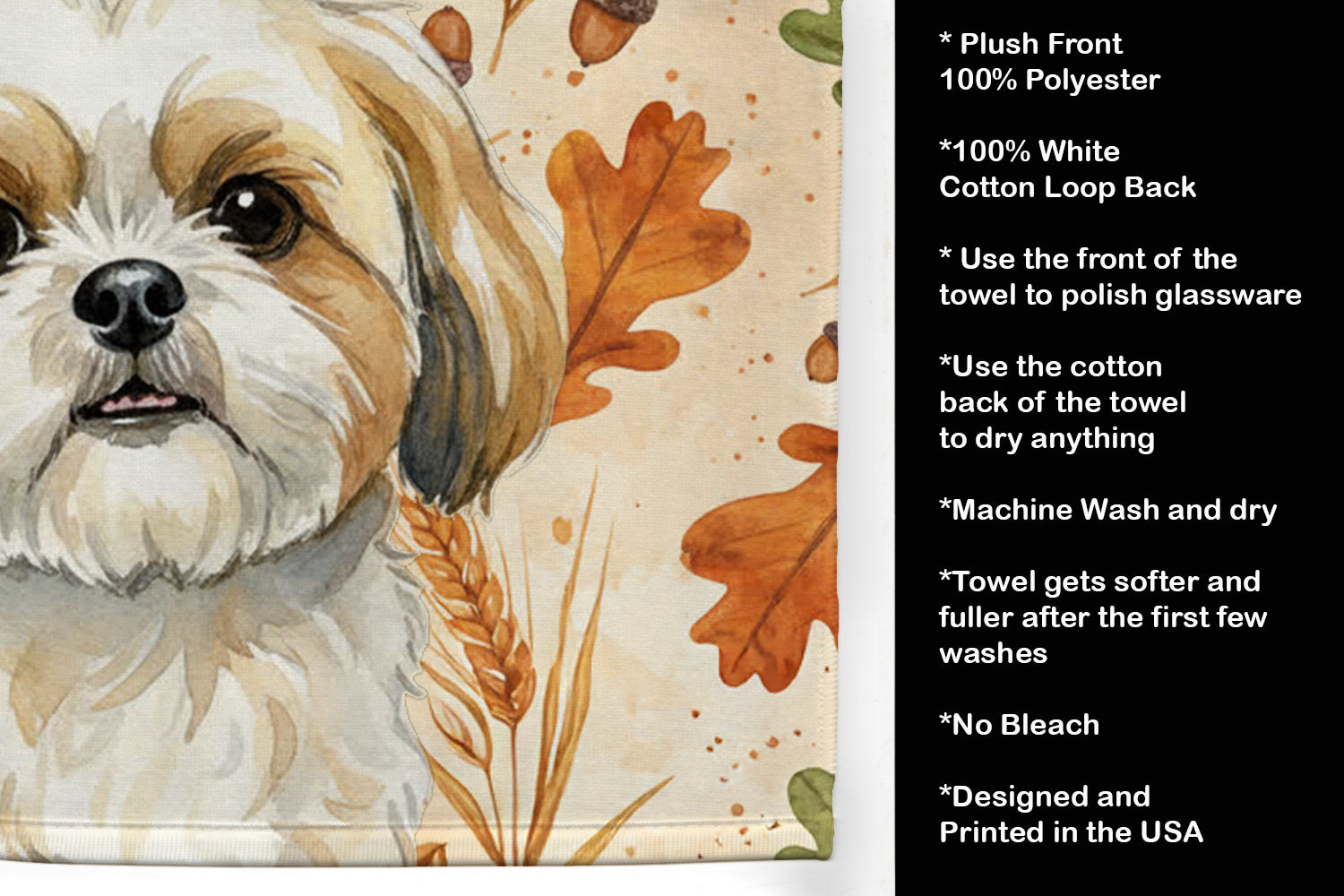Gold and White Shih Tzu Heirloom Fall Kitchen Towel Velour Plush Front and Cotton Loop Back Machine Washable