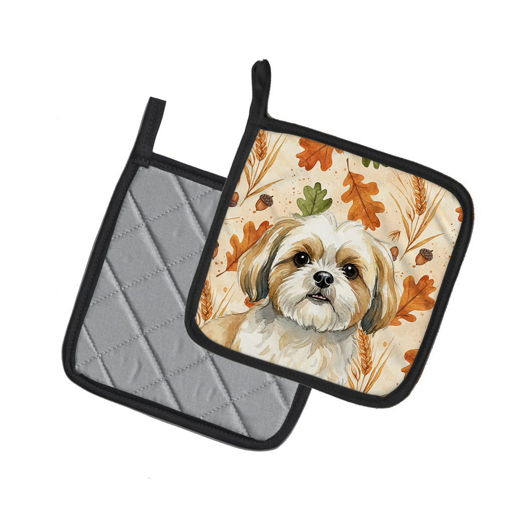 Gold and White Shih Tzu Heirloom Fall Pot Holder Set of 2 Heat Resistant Quilted Hot Pads 7.5 x 7.5 Inch, Insulated Kitchen Trivets for Cooking & Baking