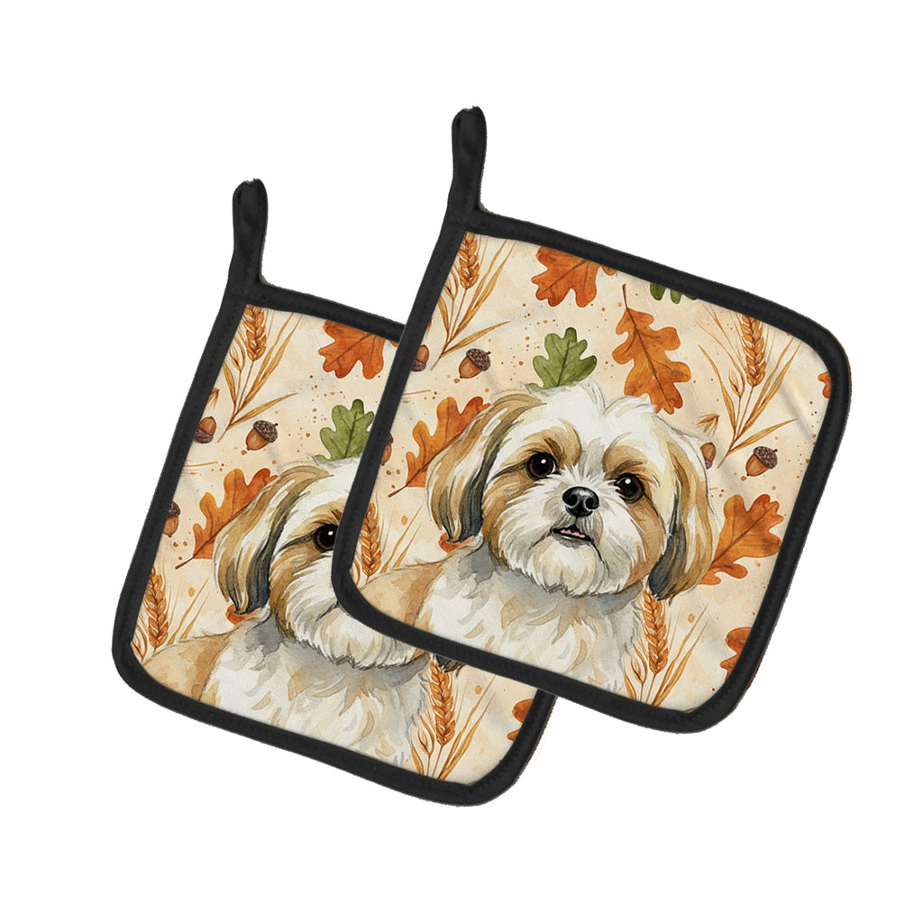 Gold and White Shih Tzu Heirloom Fall Pot Holder Set of 2 Heat Resistant Quilted Hot Pads 7.5 x 7.5 Inch, Insulated Kitchen Trivets for Cooking & Baking