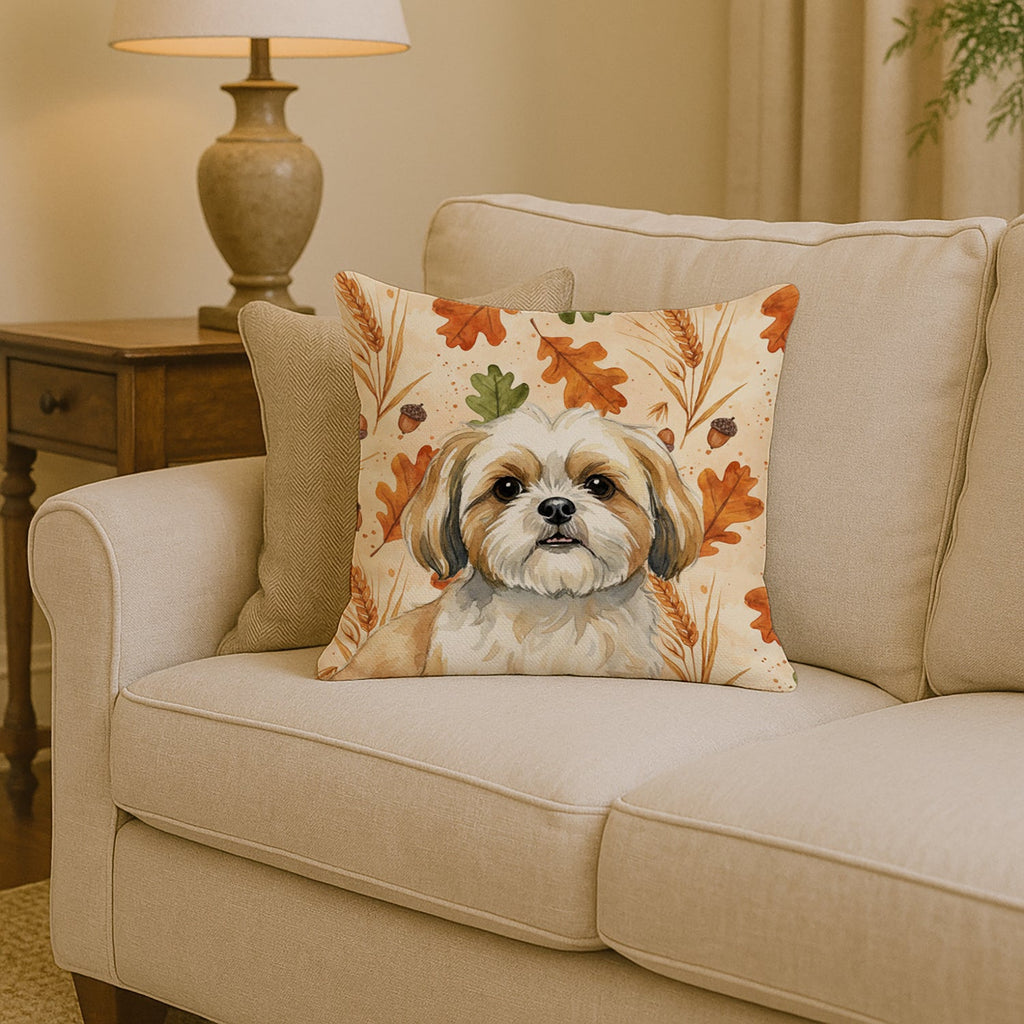 Gold and White Shih Tzu Heirloom Fall Decorative Throw Pillow 14x14 Indoor Outdoor Accent Cushion, Fabric Cover with Insert for Sofa, Bed, Porch & Living Room