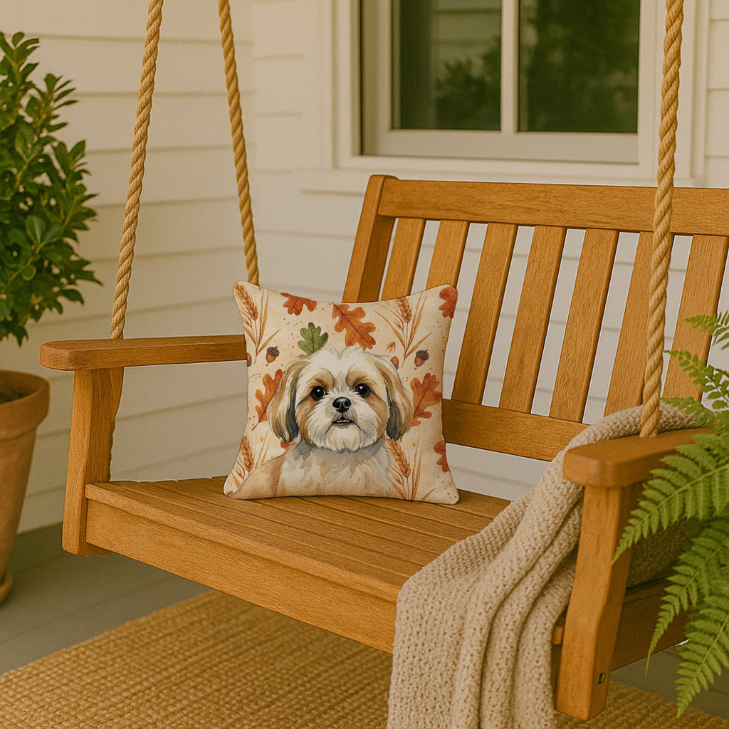 Gold and White Shih Tzu Heirloom Fall Decorative Throw Pillow 14x14 Indoor Outdoor Accent Cushion, Fabric Cover with Insert for Sofa, Bed, Porch & Living Room