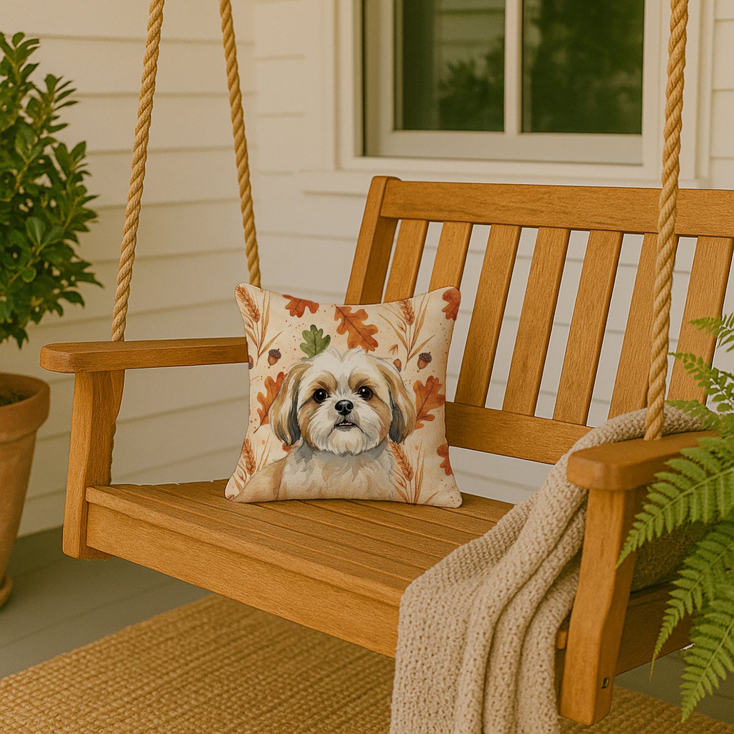 Gold and White Shih Tzu Heirloom Fall Decorative Throw Pillow 14x14 Indoor Outdoor Accent Cushion, Fabric Cover with Insert for Sofa, Bed, Porch & Living Room