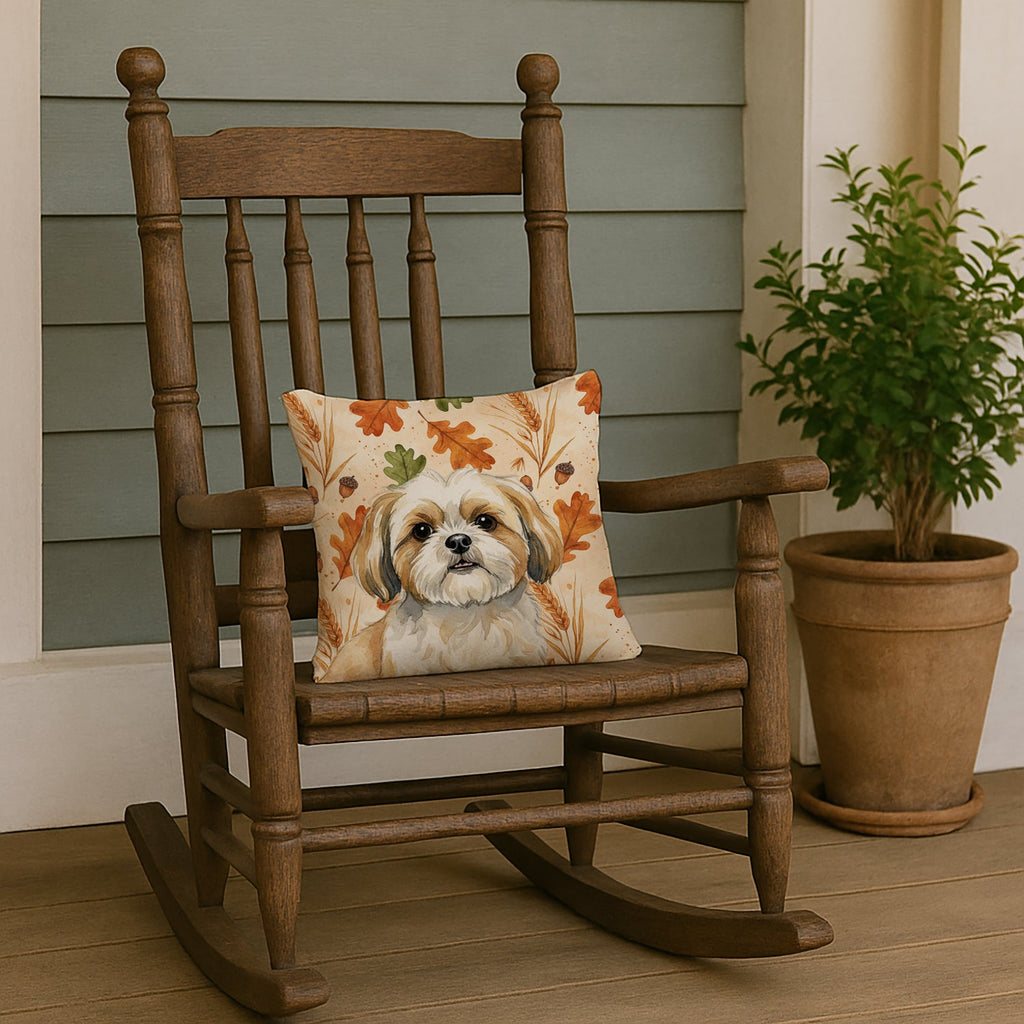 Gold and White Shih Tzu Heirloom Fall Decorative Throw Pillow 14x14 Indoor Outdoor Accent Cushion, Fabric Cover with Insert for Sofa, Bed, Porch & Living Room