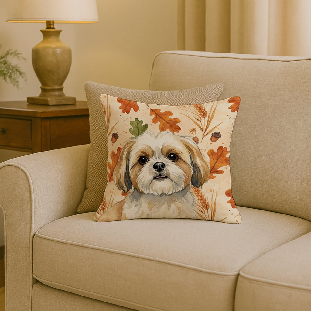 Gold and White Shih Tzu Heirloom Fall Decorative Throw Pillow 18x18 Indoor Outdoor Accent Cushion, Fabric Cover with Insert for Sofa, Bed, Porch & Living Room