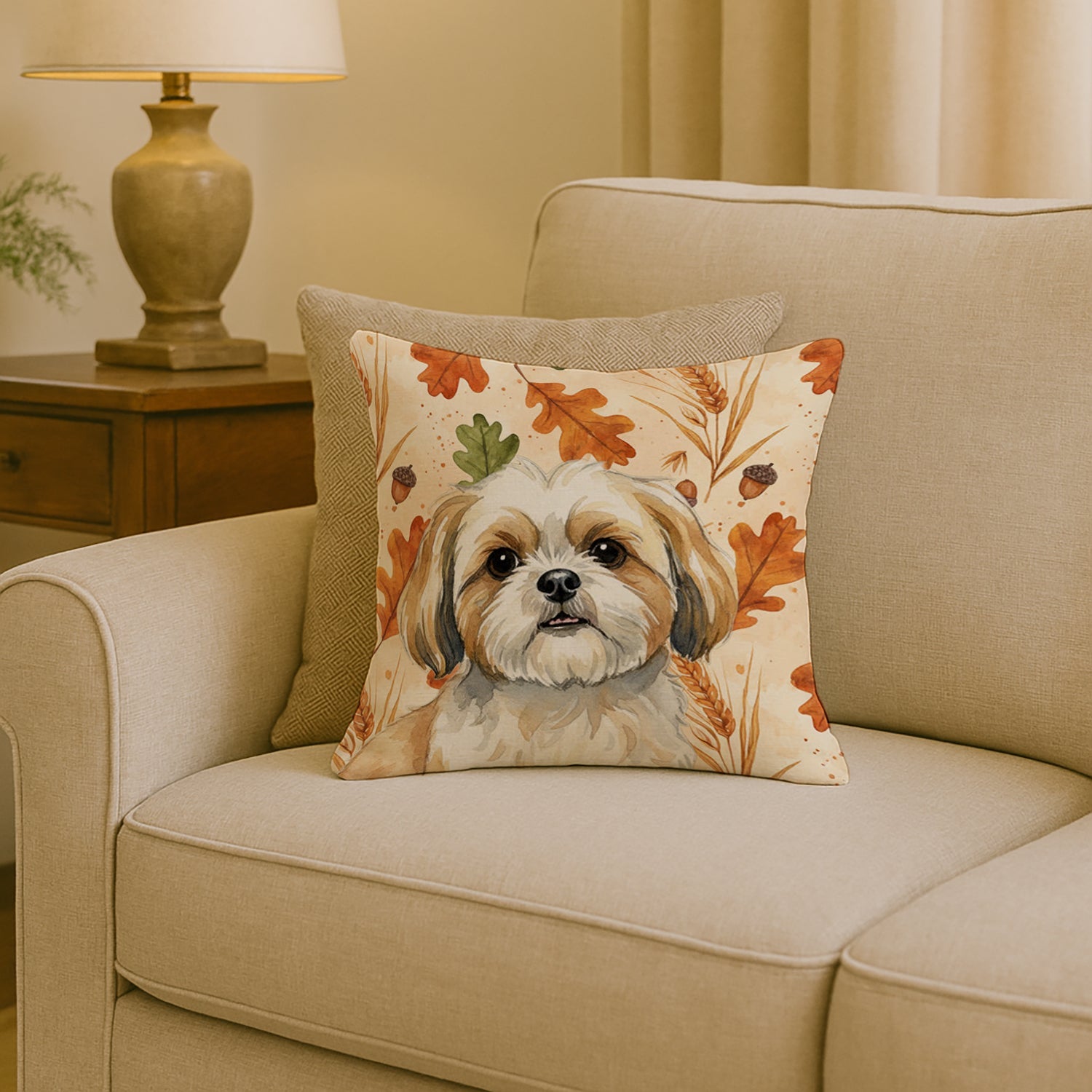 Gold and White Shih Tzu Heirloom Fall Decorative Throw Pillow 18x18 Indoor Outdoor Accent Cushion, Fabric Cover with Insert for Sofa, Bed, Porch & Living Room