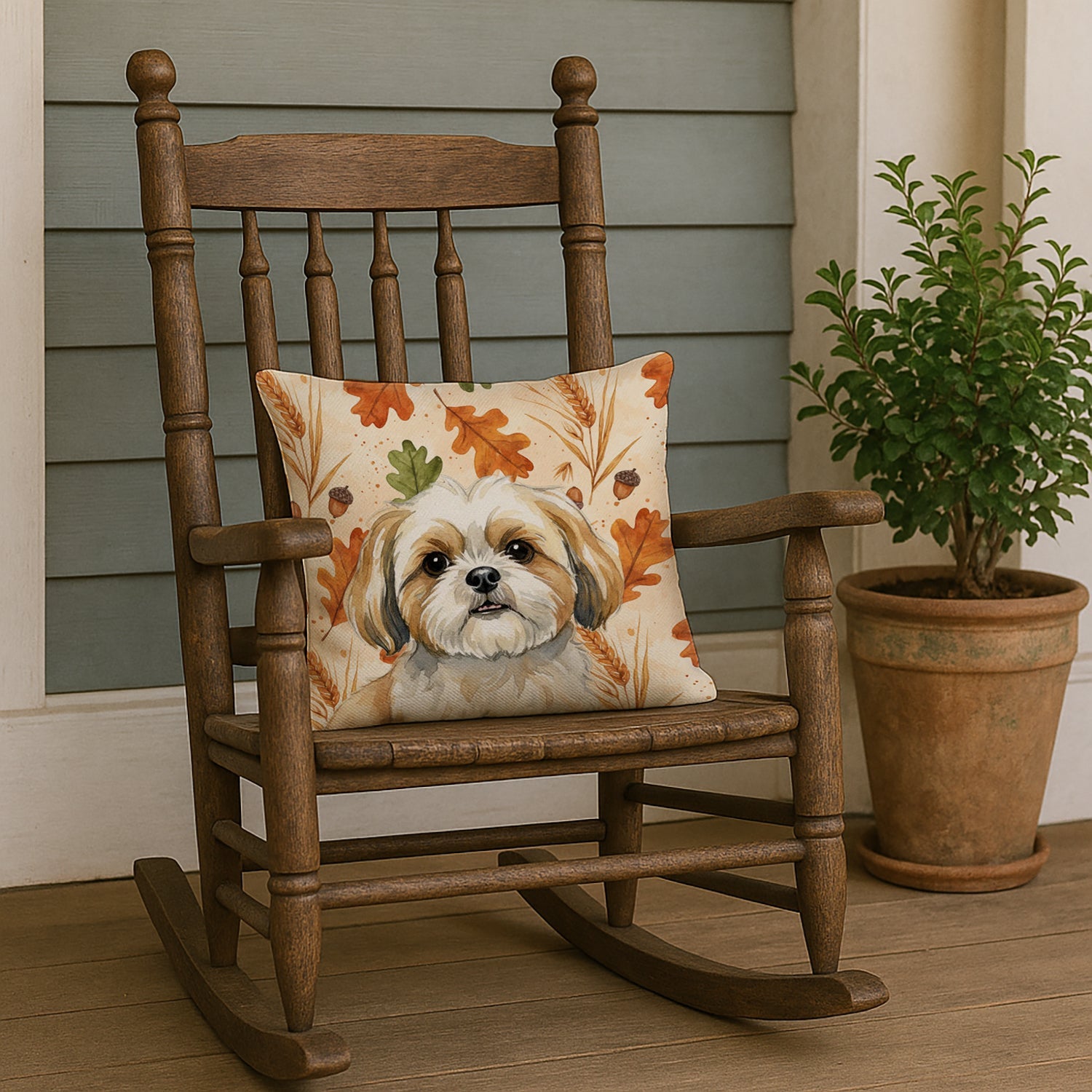Gold and White Shih Tzu Heirloom Fall Decorative Throw Pillow 18x18 Indoor Outdoor Accent Cushion, Fabric Cover with Insert for Sofa, Bed, Porch & Living Room